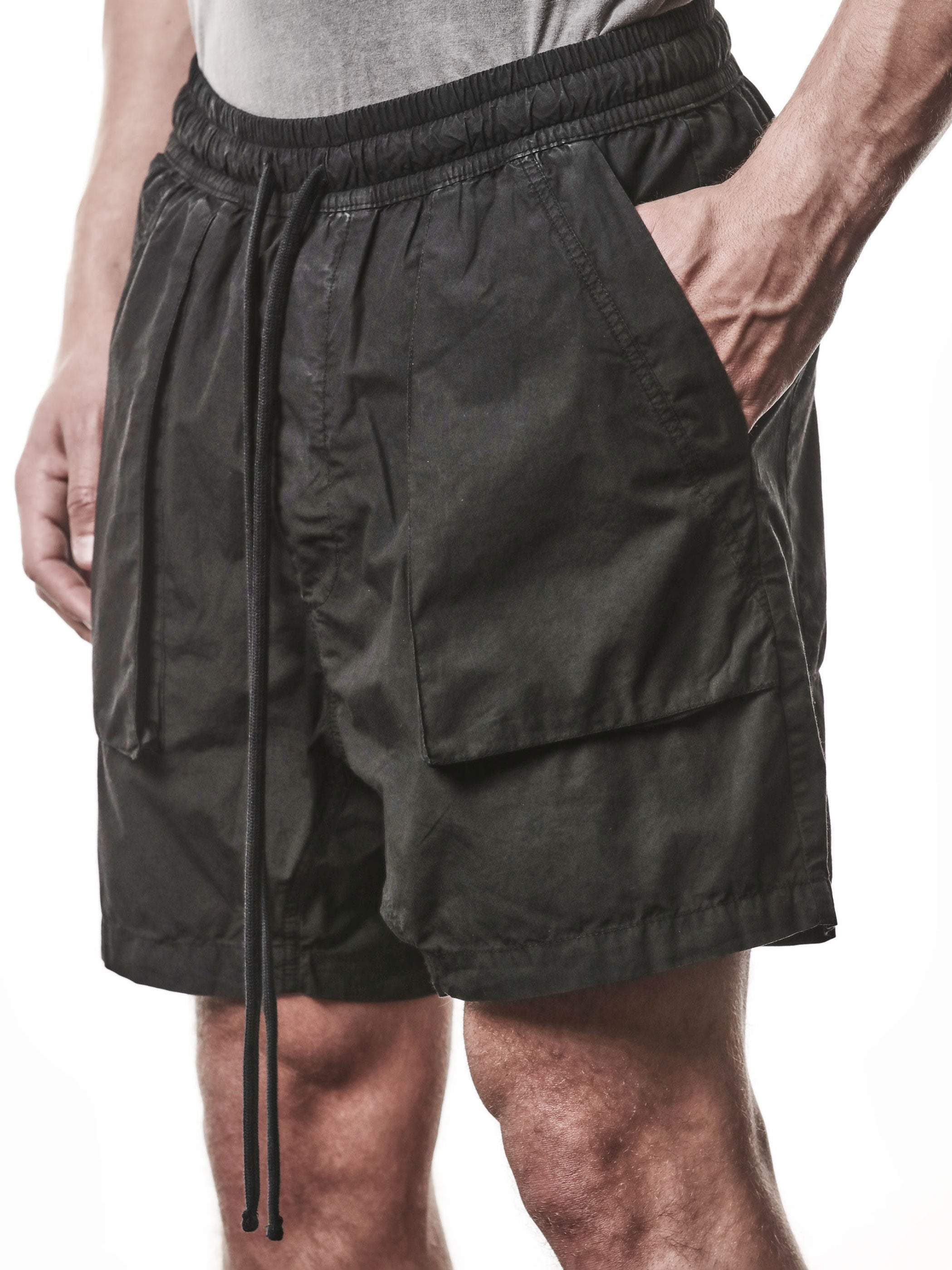 THOM KROM Drop-Crotch Cotton Shorts black, bellow pocket detail