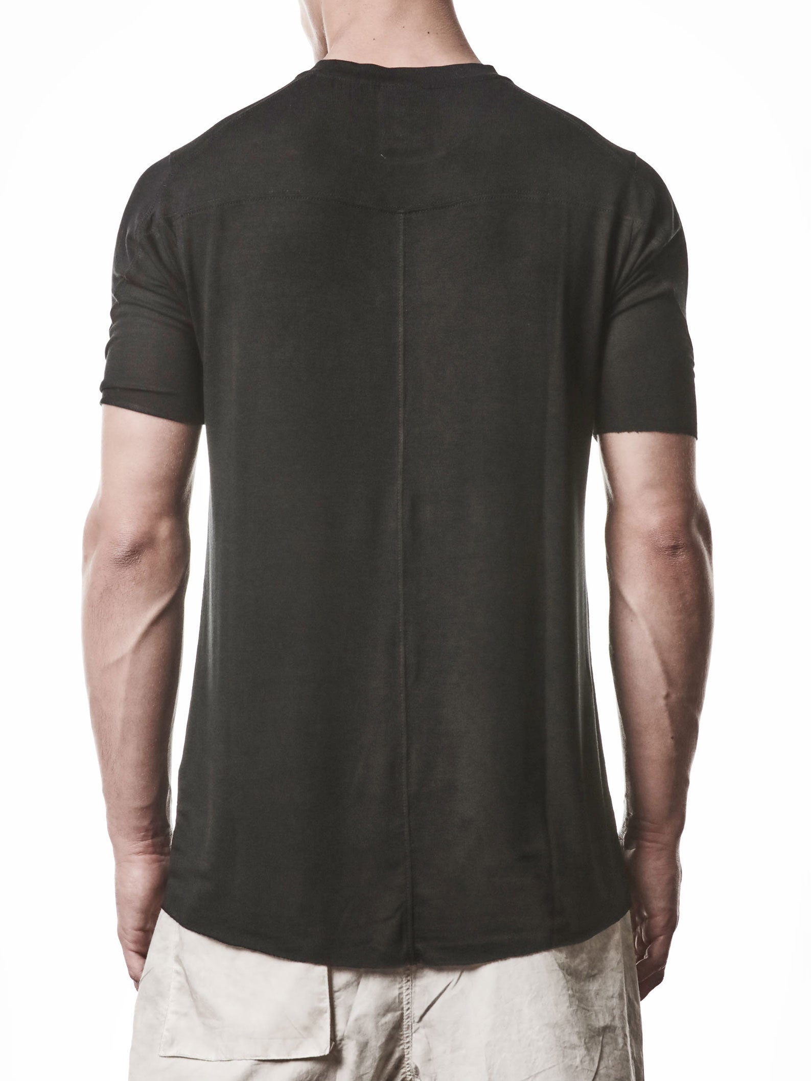 THOM KROM Viscose Raw Edge T-Shirt black - full length model shot showing matte surface