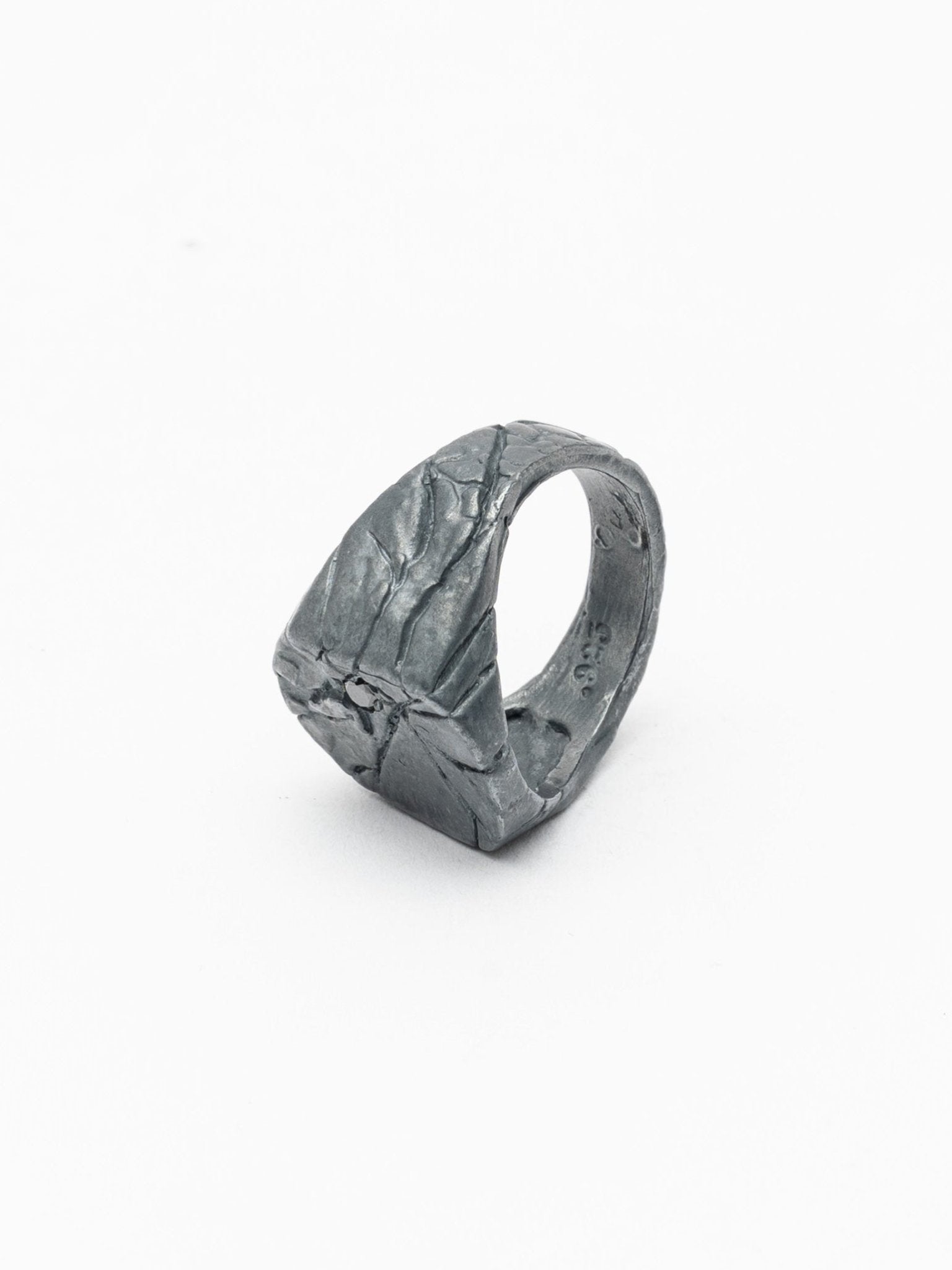 Carved Signet Ring with Black Diamond - by CEDAR