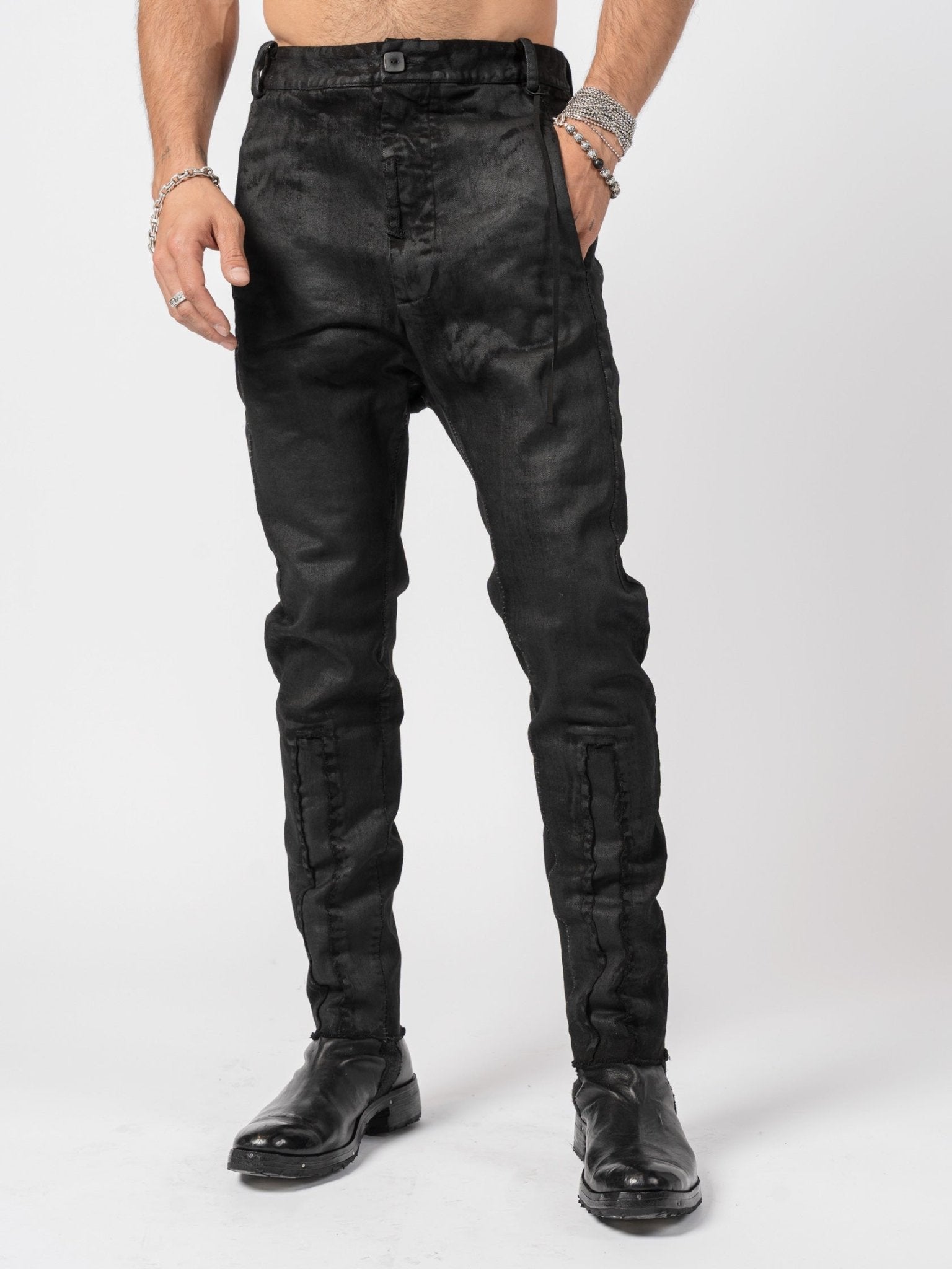 Coated Stretch Cotton Stitched Pants - by MD75