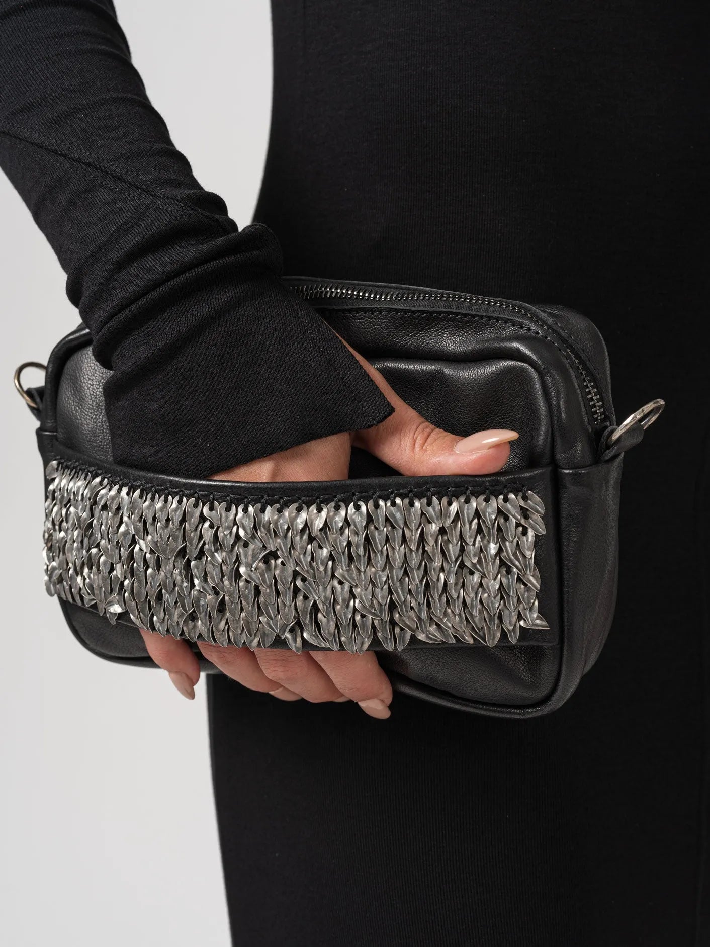 Crossbody Bag with Silver Leaves Embroidery - by DANIELE BASTA