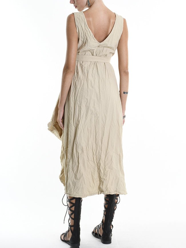 Crumpled Flared Dress with Waist Sash - by LA HAINE INSIDE US