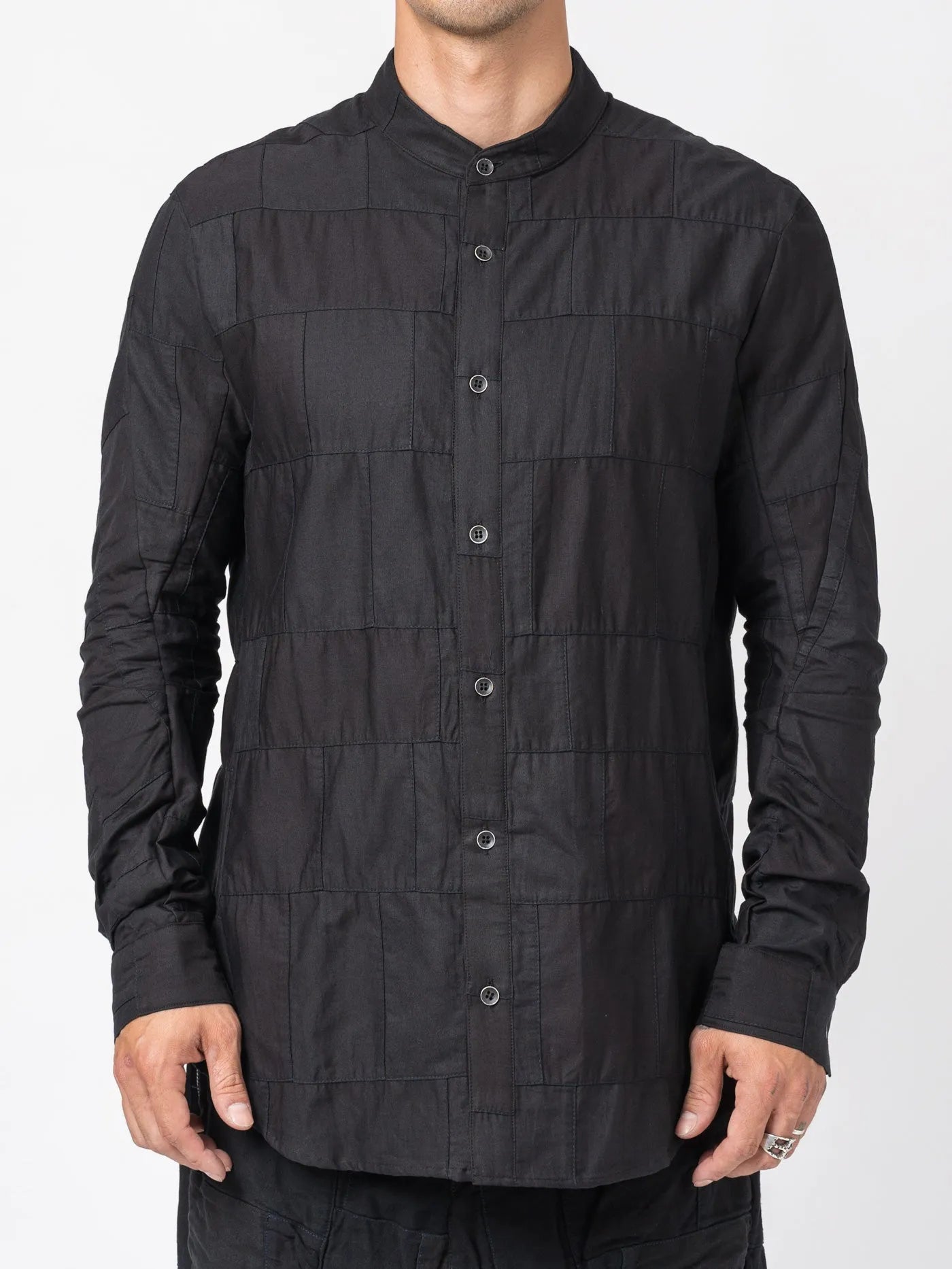 D.HYGEN Patchwork Band Collar Shirt - Black - by D.HYGEN