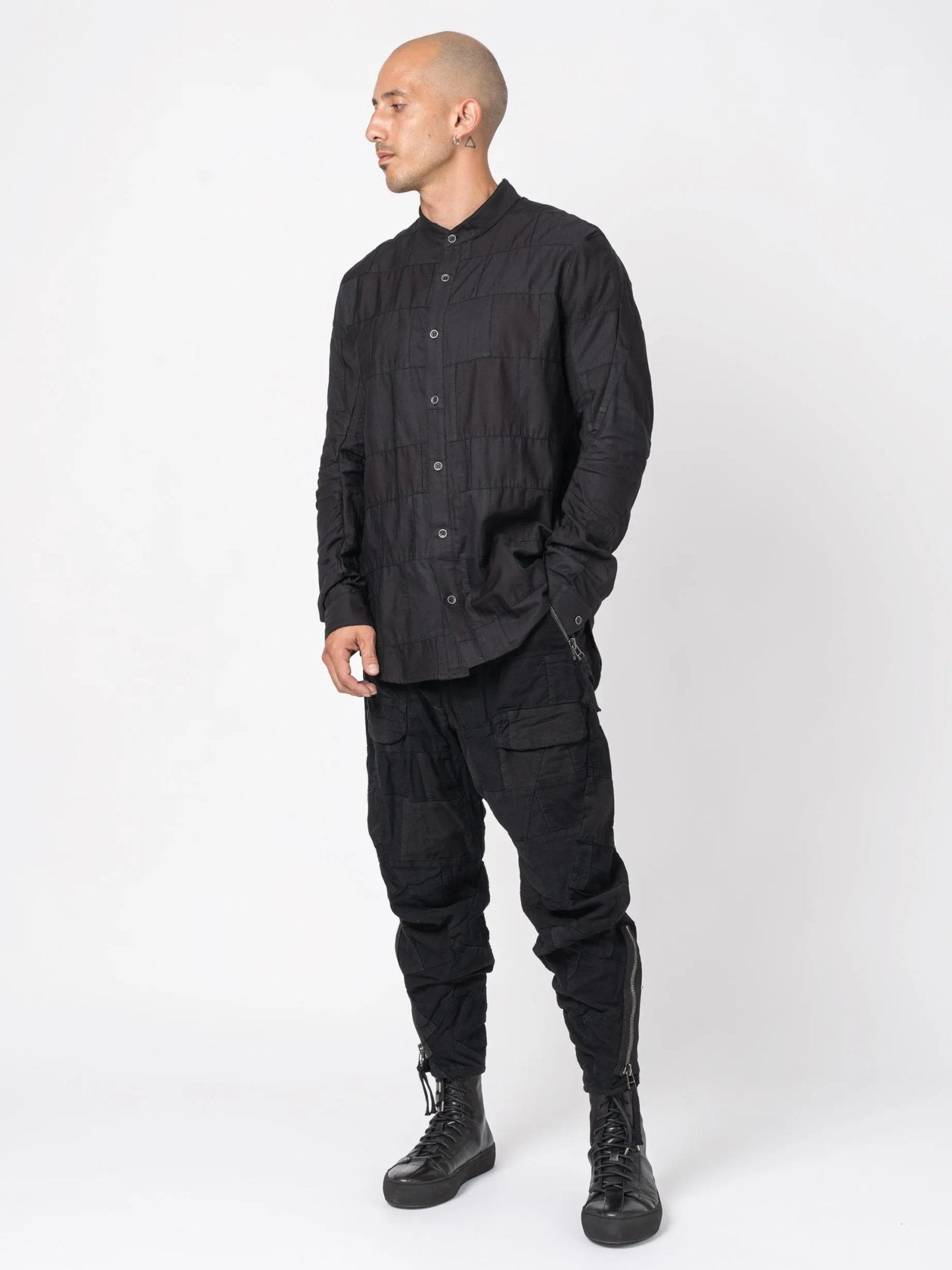 D.HYGEN Patchwork Band Collar Shirt - Black - by D.HYGEN