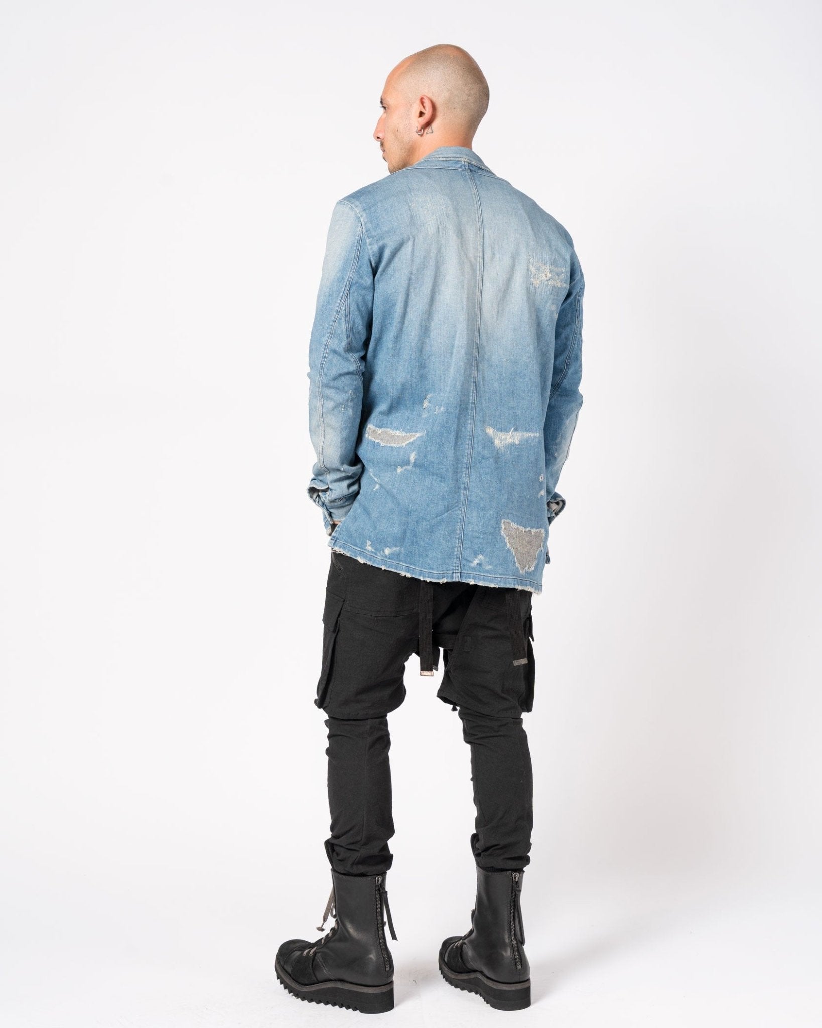 Distressed Denim Blazer with Zippers and Patch Pockets - by D.HYGEN
