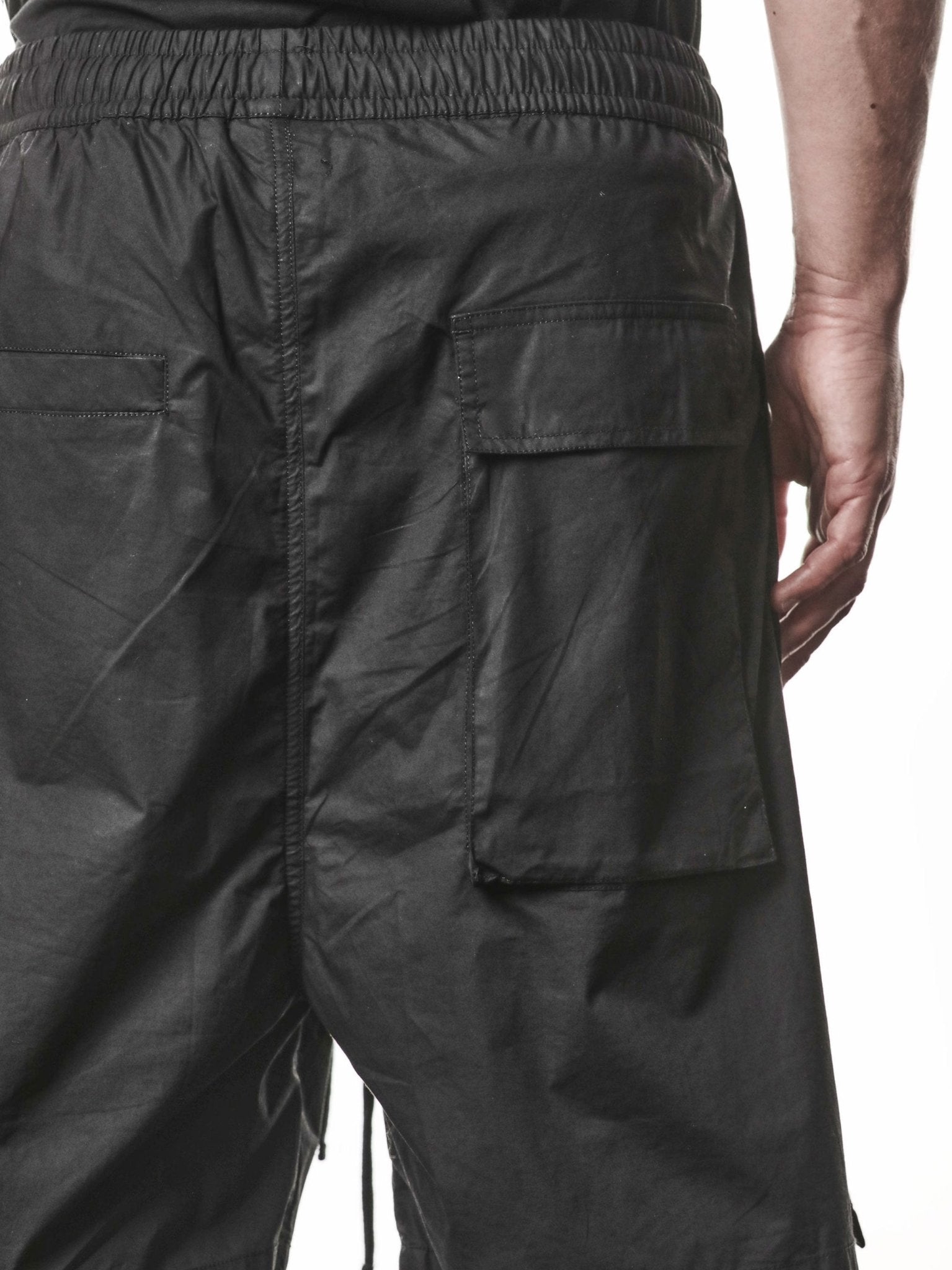 Drop-Crotch Utility Shorts by THOM KROM, black cotton stretch