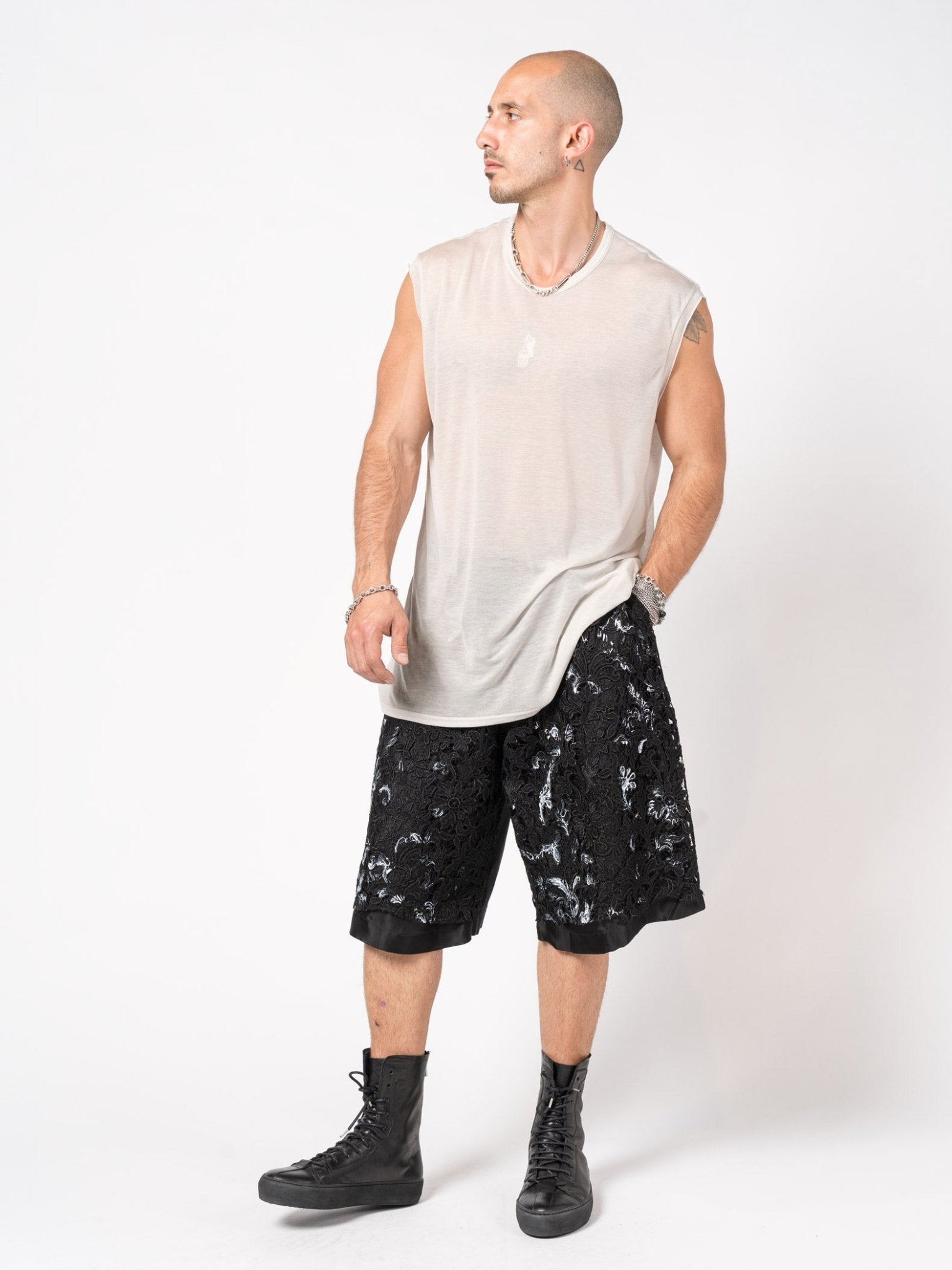 Embroidered Lace Panel Shorts - by GIOVANNI CAVAGNA