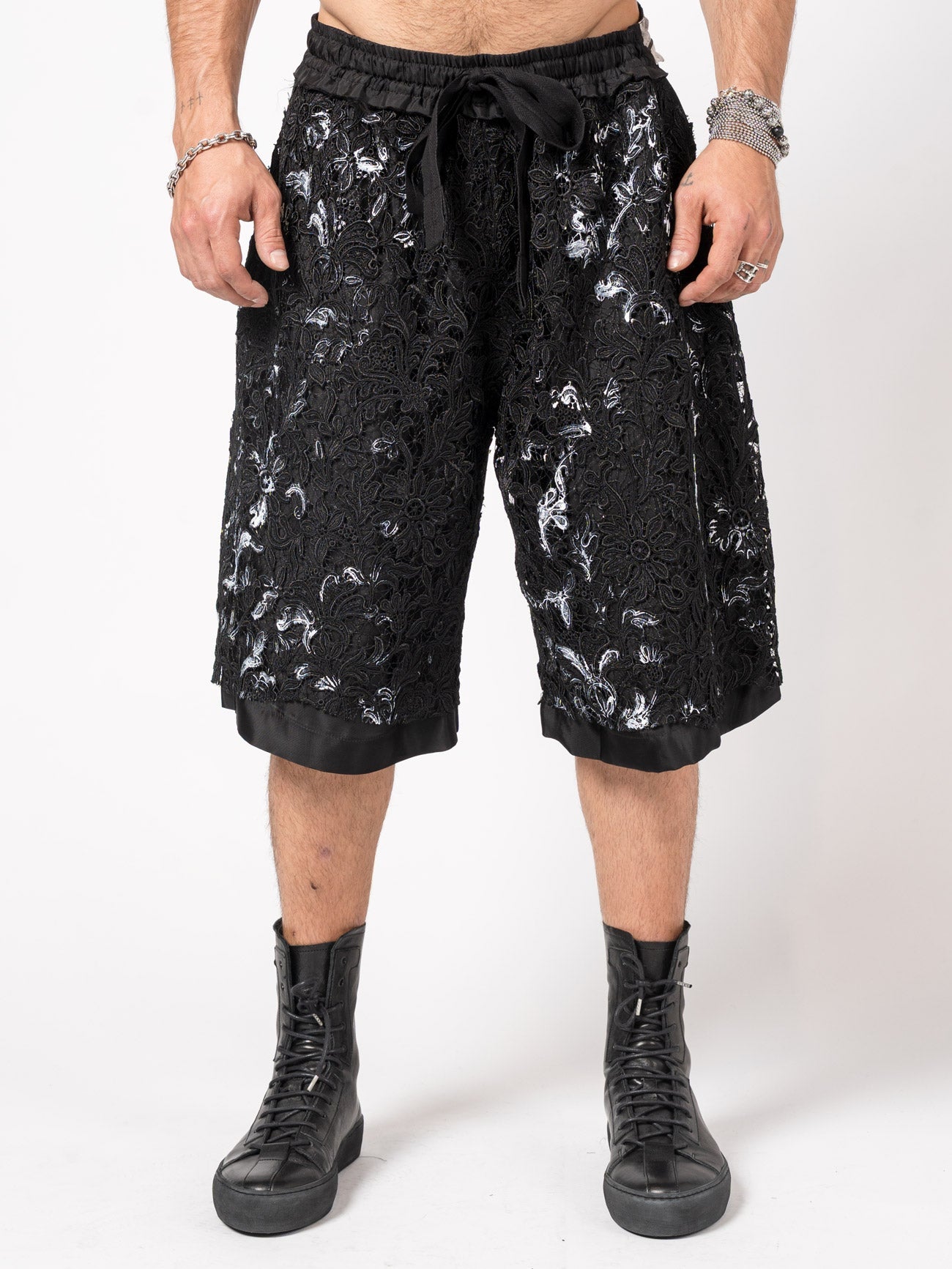 Embroidered Lace Panel Shorts - by GIOVANNI CAVAGNA