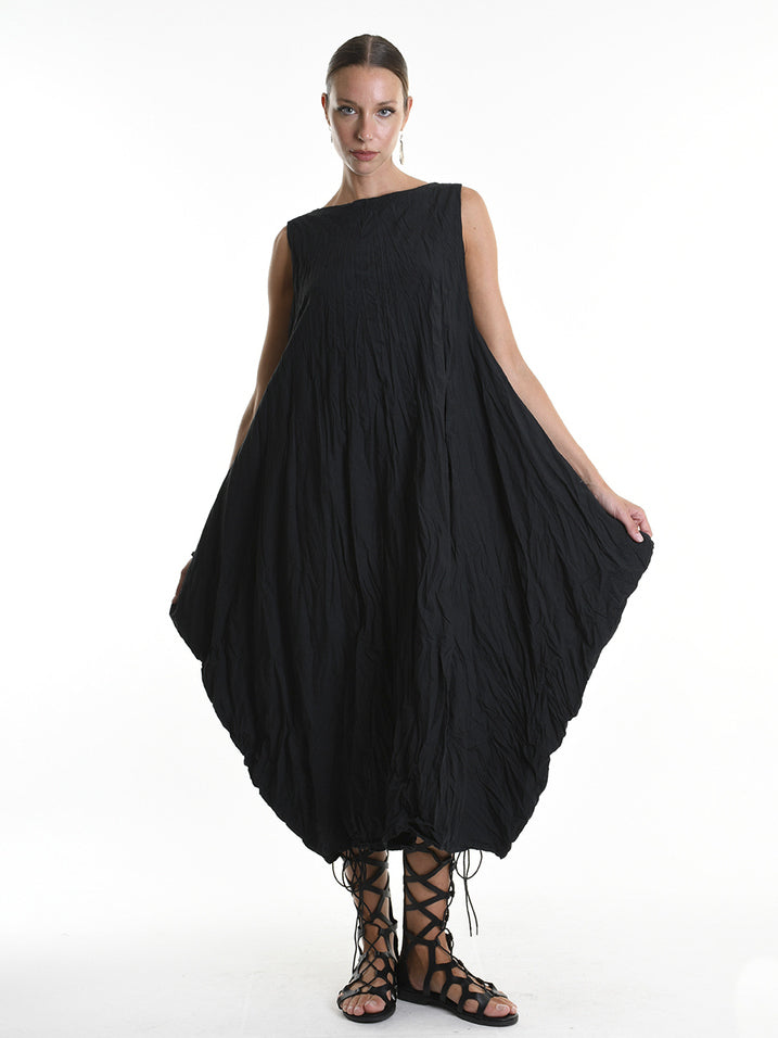 Crumpled Flared Dress with Waist Sash