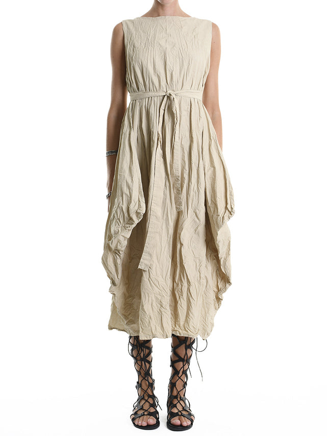 Crumpled Flared Dress with Waist Sash