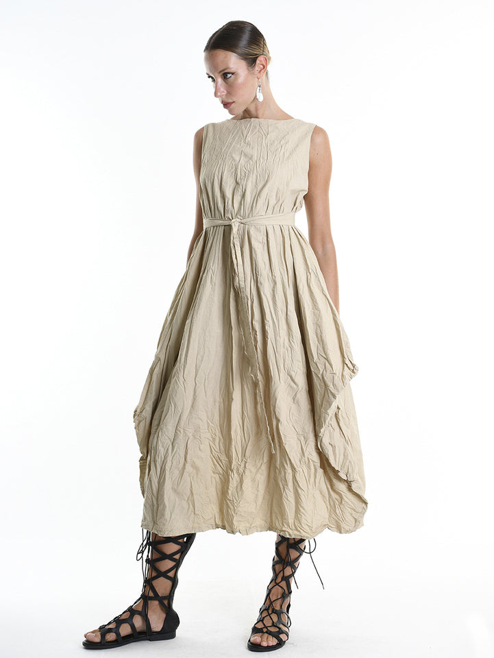 Crumpled Flared Dress with Waist Sash