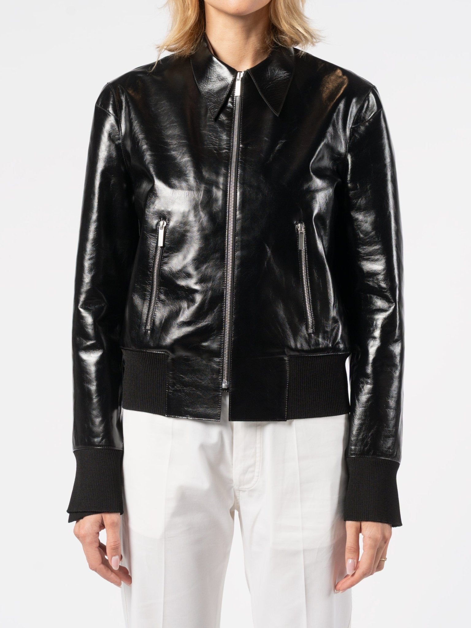 Glossed Leather Zip Jacket - by SAPIO