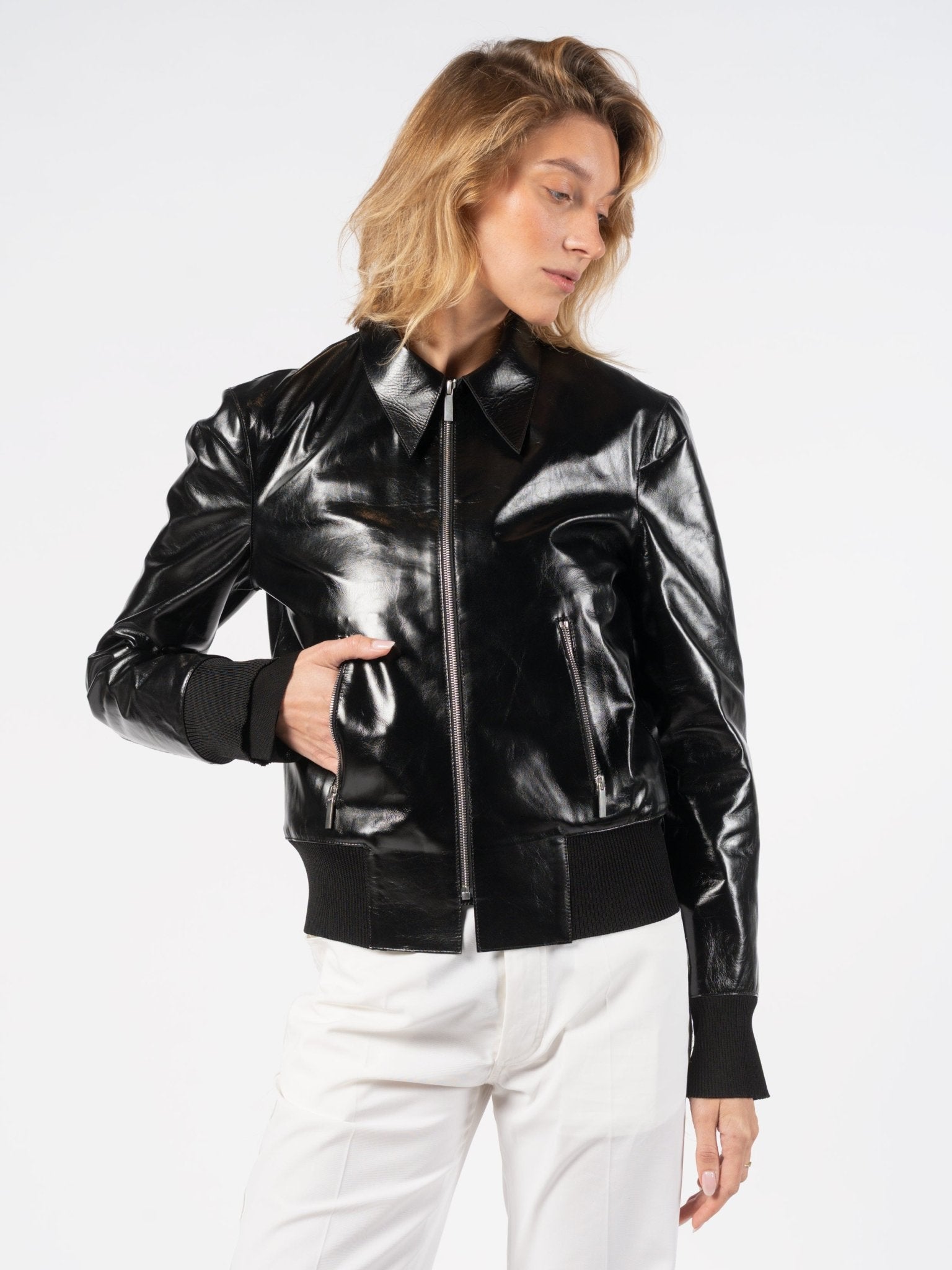 Glossed Leather Zip Jacket - by SAPIO