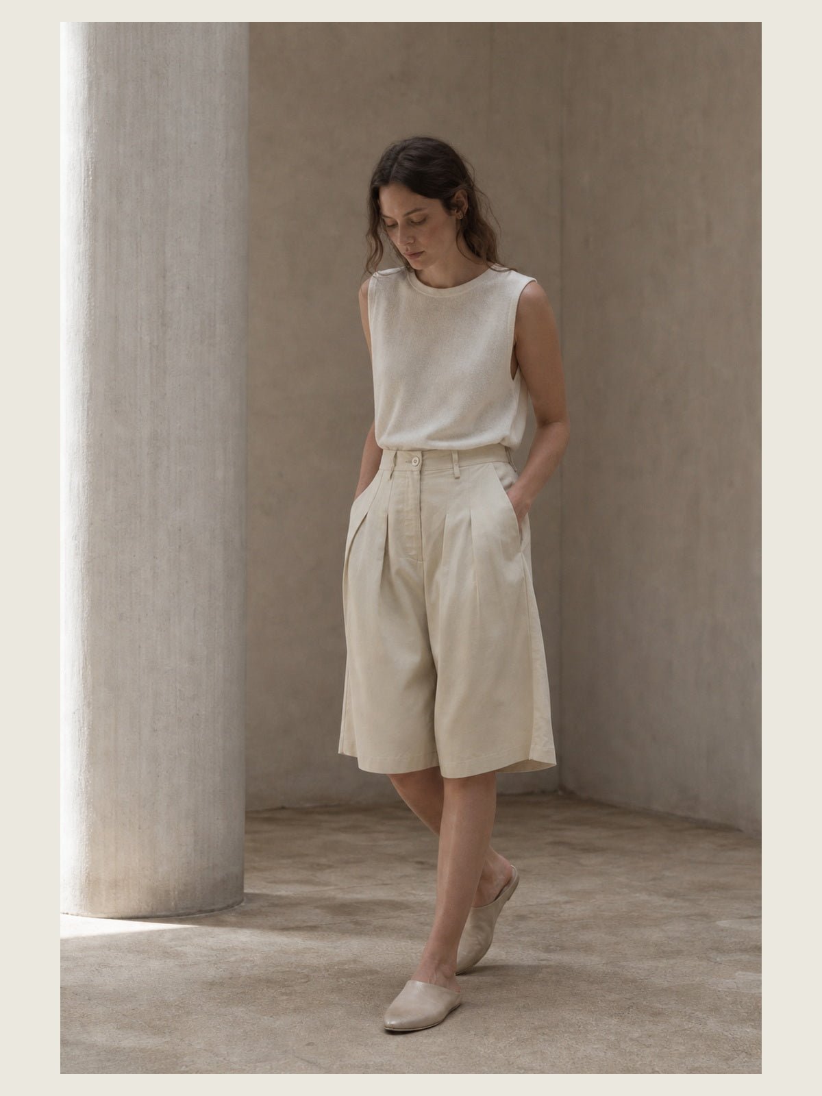 High-Rise Pleated Linen Bermuda Shorts - by NOSTRA SANTISSIMA