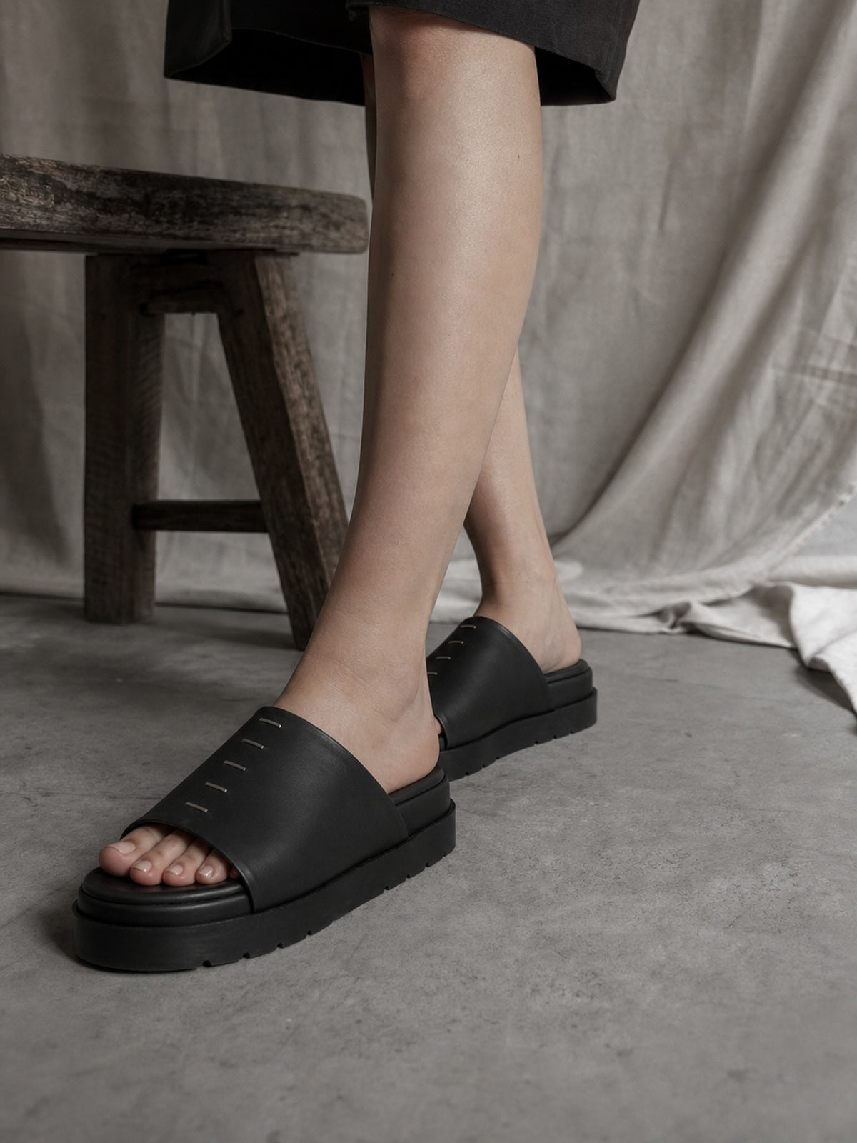 AITO Leather Slide Sandals, editorial on-foot view