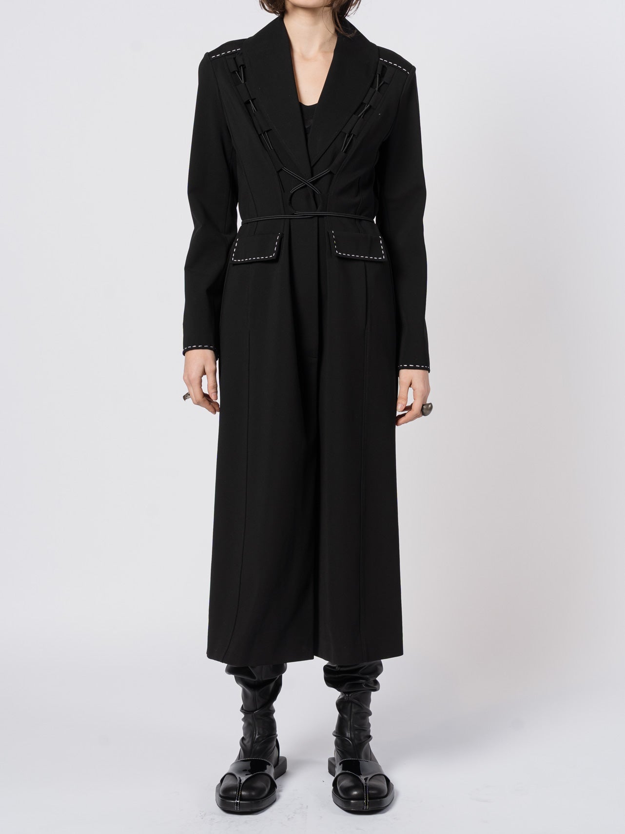 Lace - Up Tailored Long Coat - by SHARONA SHARVIT