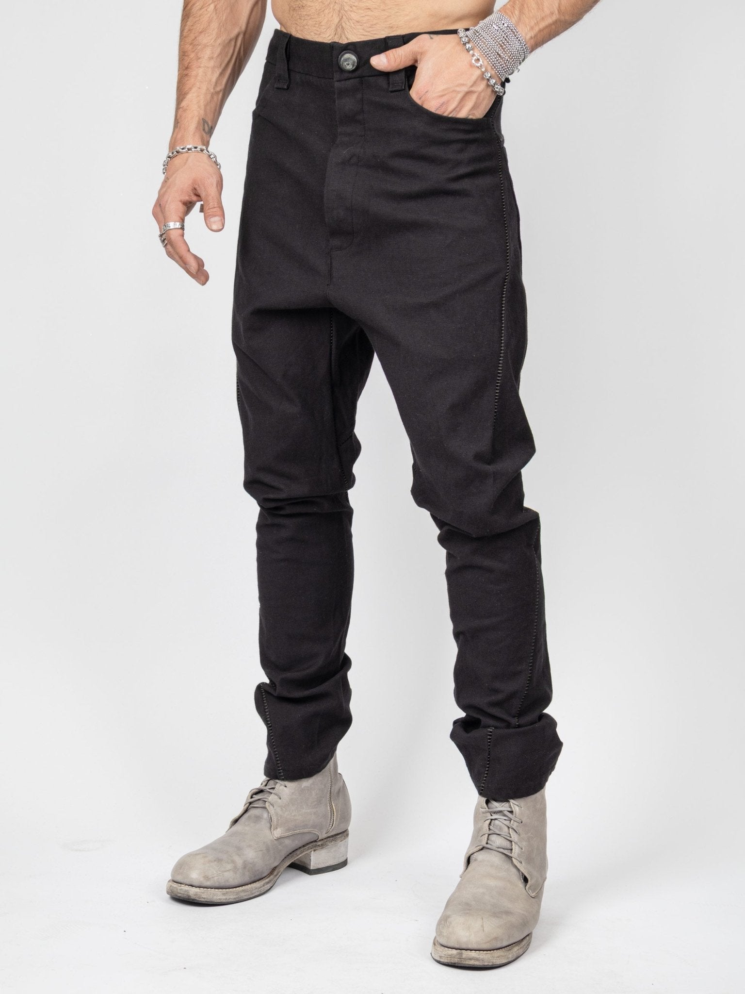 Isaac Sellam armure cotton pants leather trim detail - contrast between structured weave and smooth leather