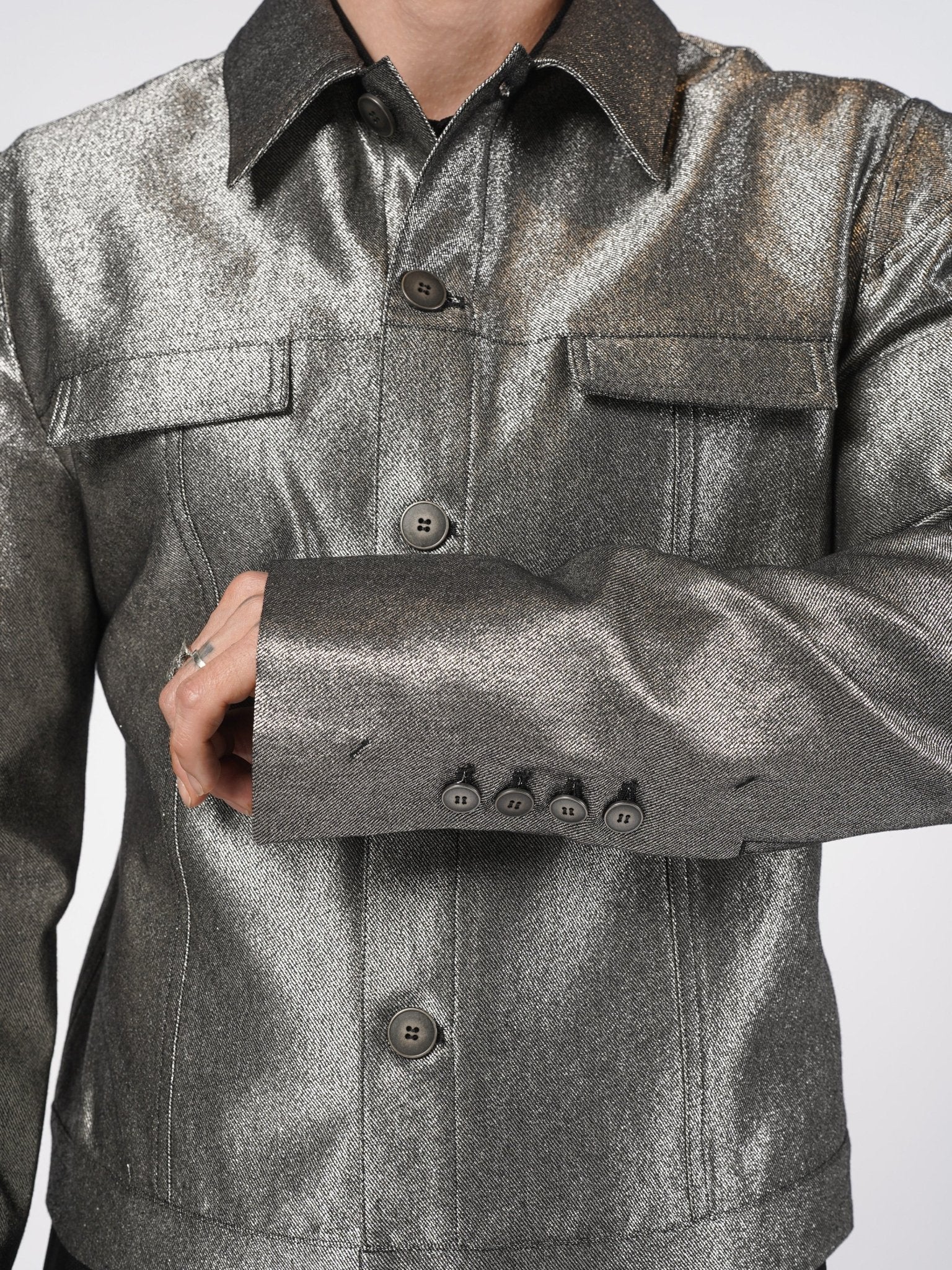 SAPIO metallic cropped jacket extended four-button cuff detail, metallic sleeve