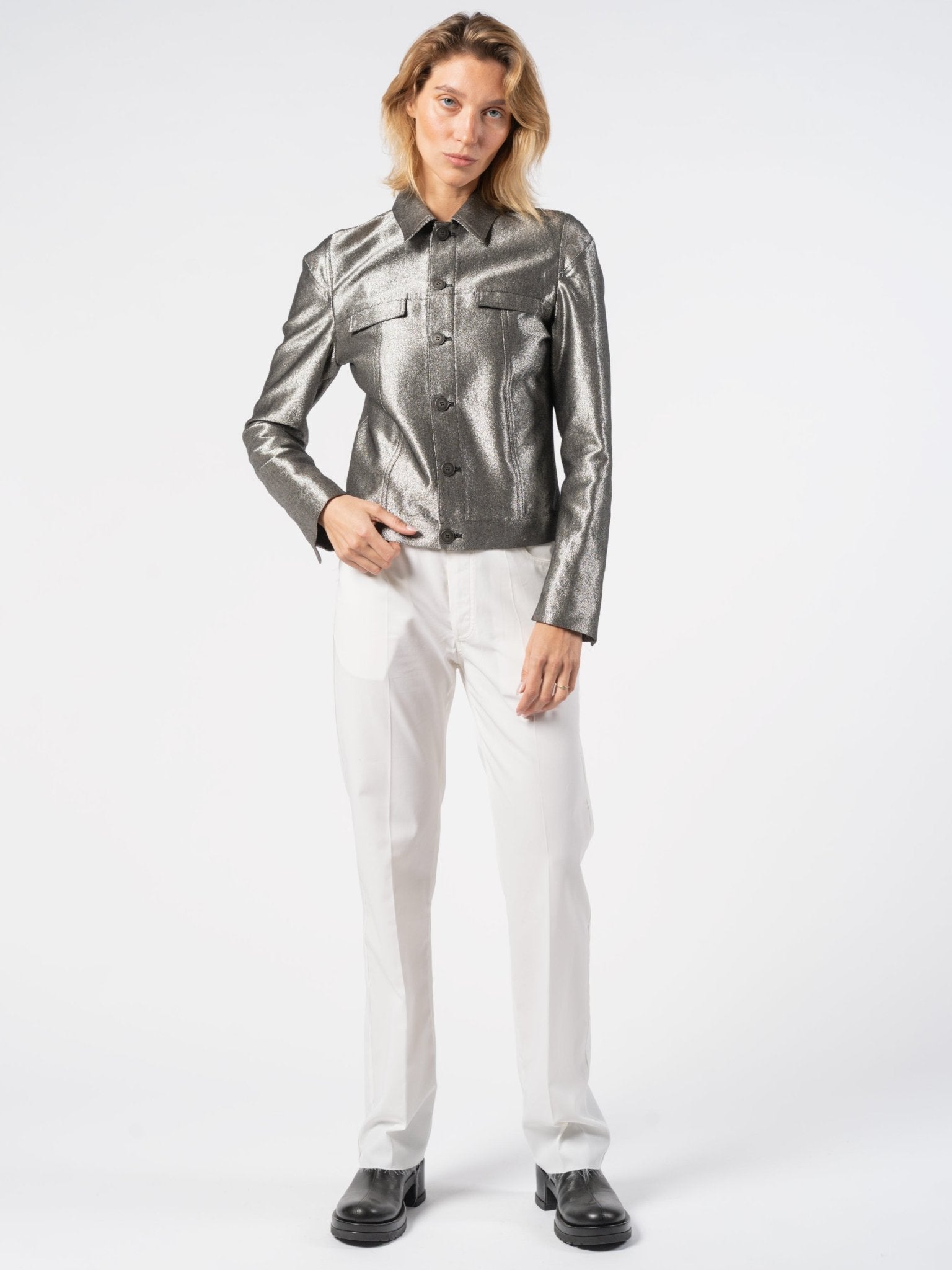 Metallic Finish Cropped Jacket - by SAPIO