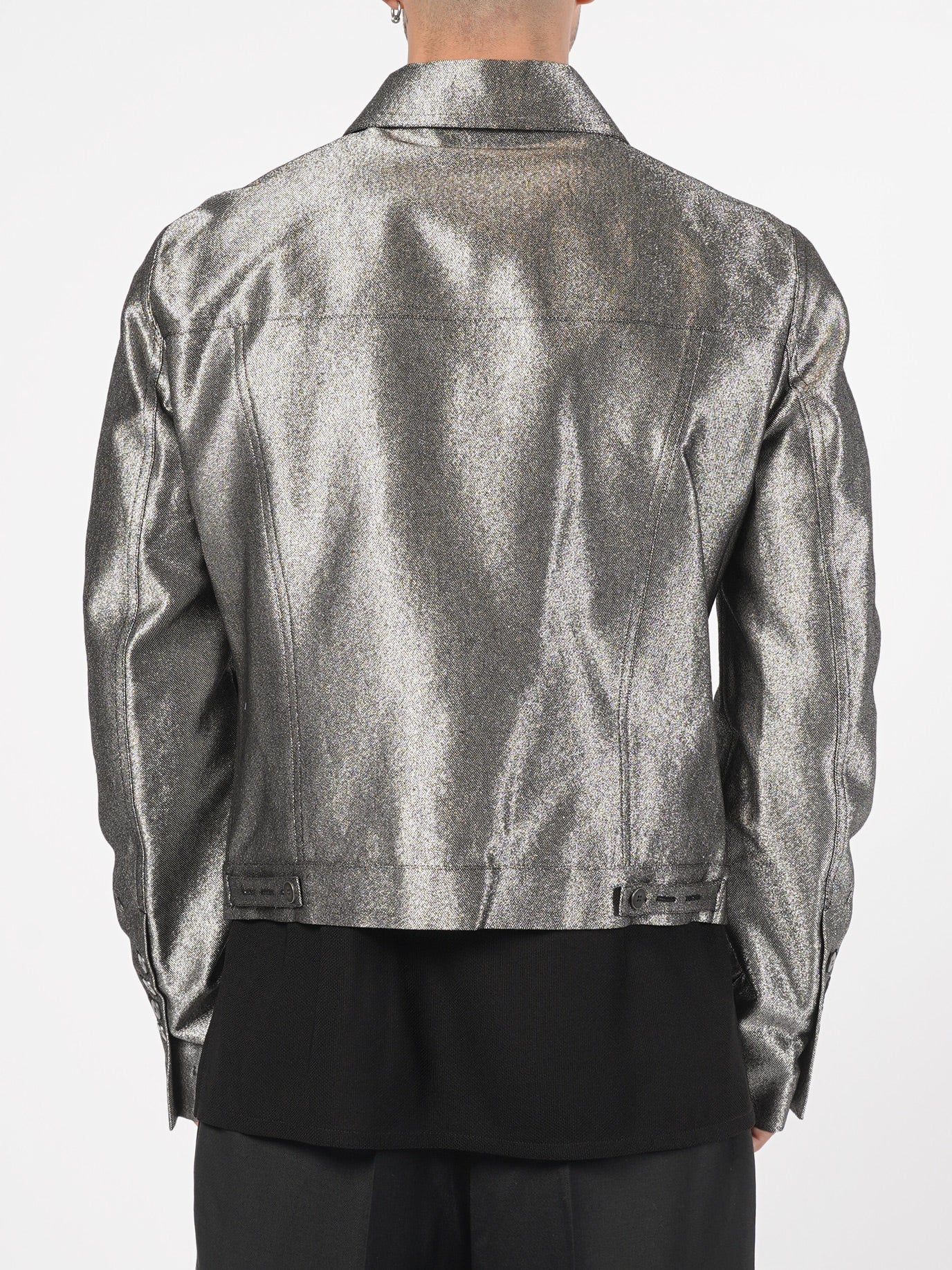 SAPIO metallic finish cropped jacket back view, yoke and adjustable hem tabs, paneled construction