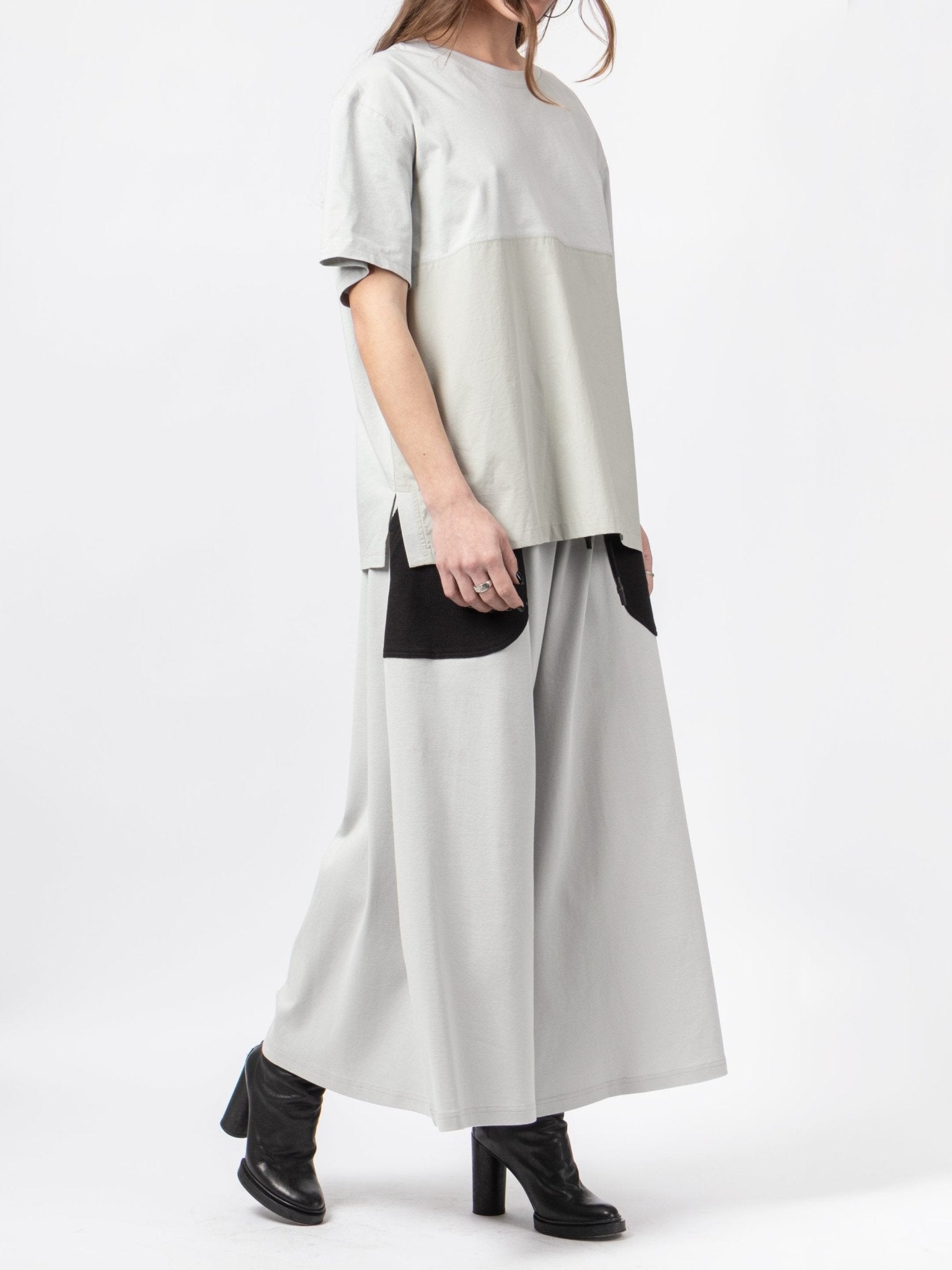 Mixed Fabric Short Sleeve Top - by VAGUE