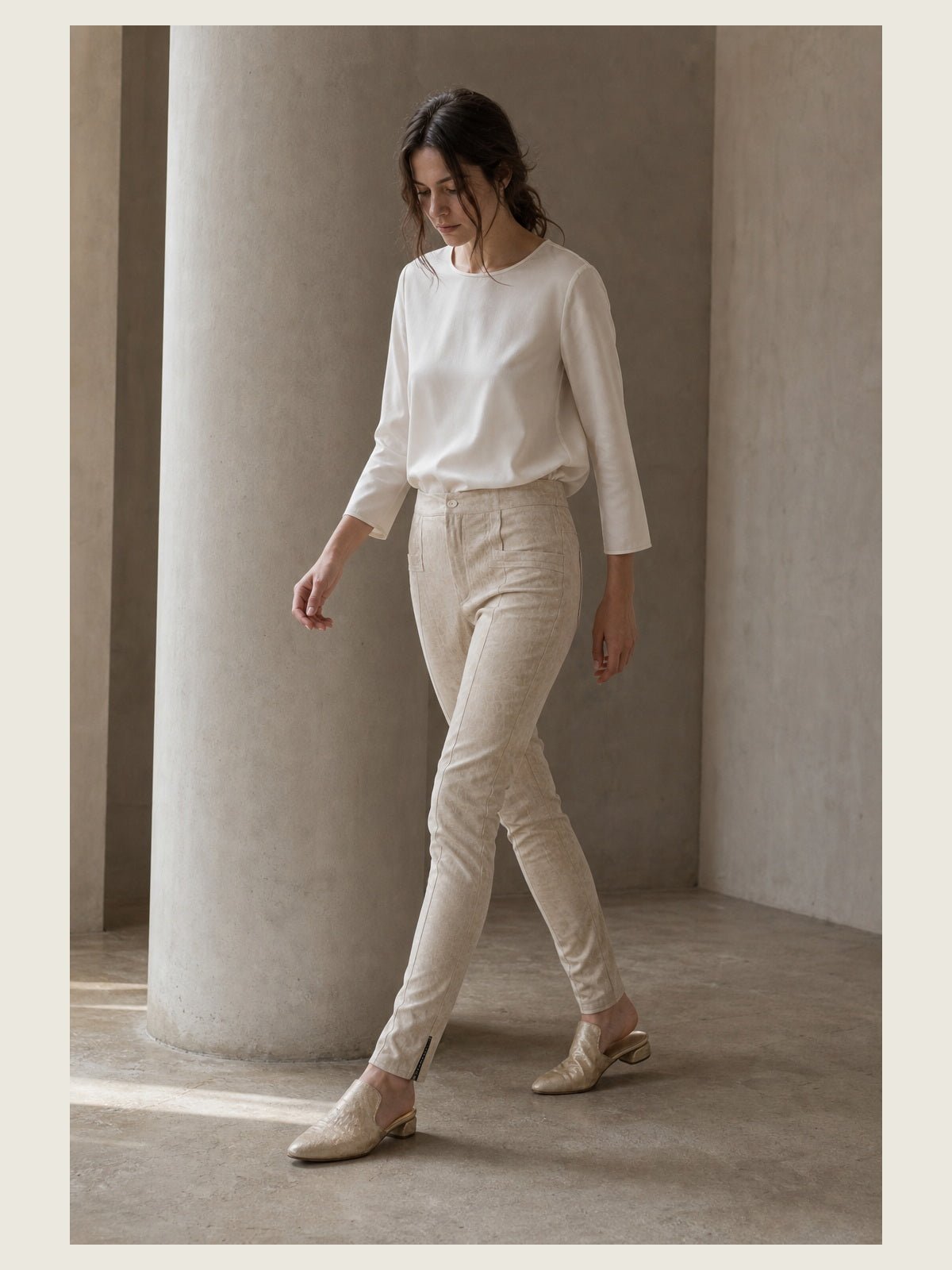 Primordial Is Primitive Coated Skinny Trousers in Crackled Parchment - by PRIMORDIAL IS PRIMITIVE