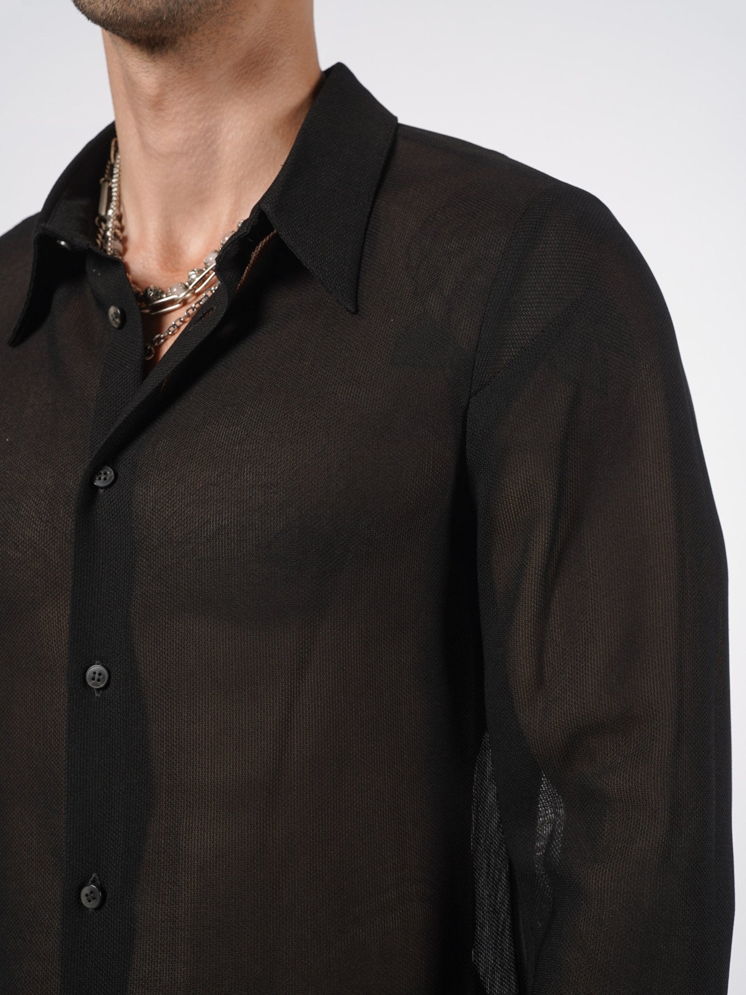 SAPIO sheer textured shirt chest close-up, open weave, pointed collar