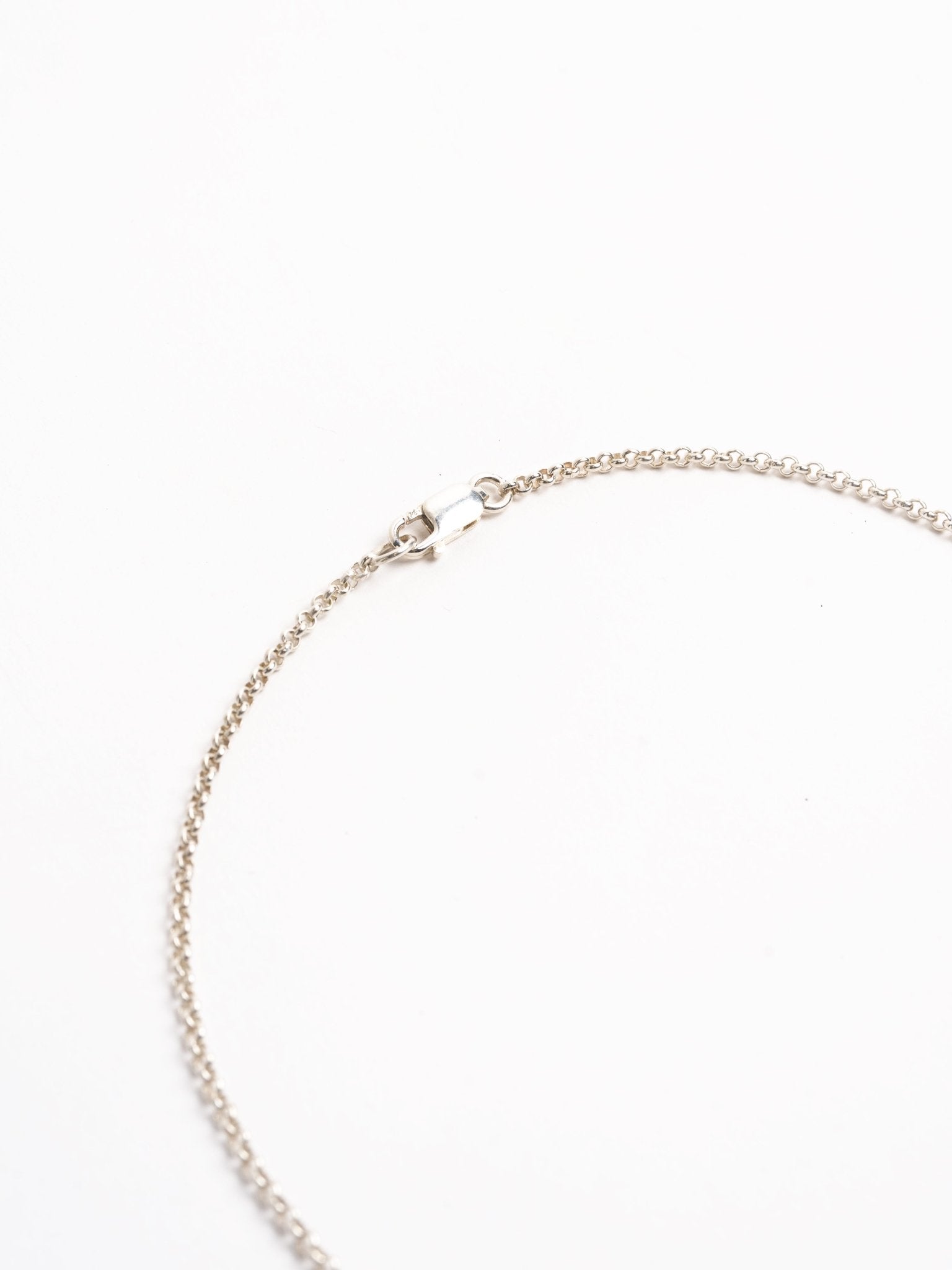MAYA NOACH Silver Tag Necklace, clasp and chain detail view