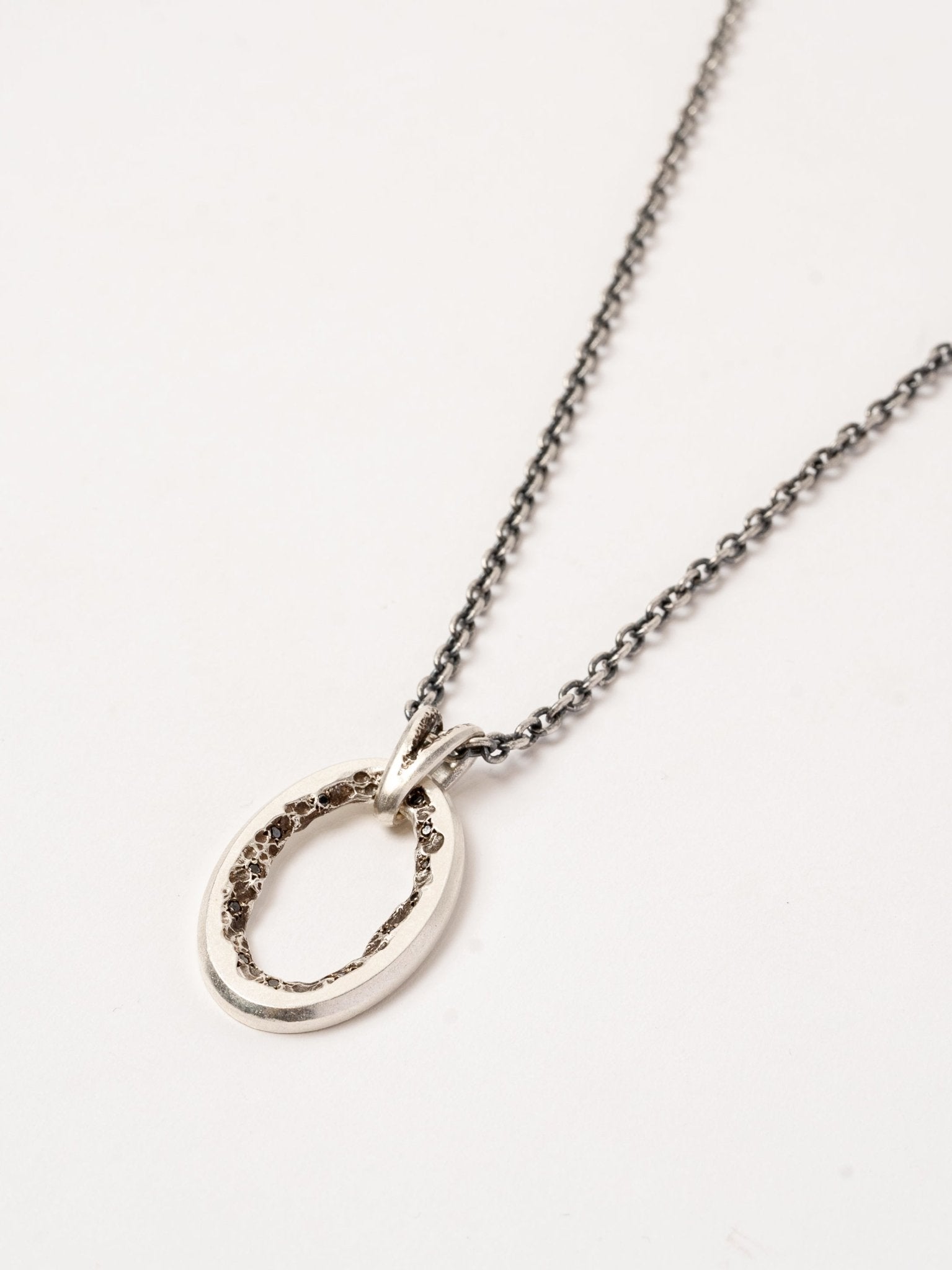Sterling Silver Oval Pendant Necklace with Black Diamonds - by AITO