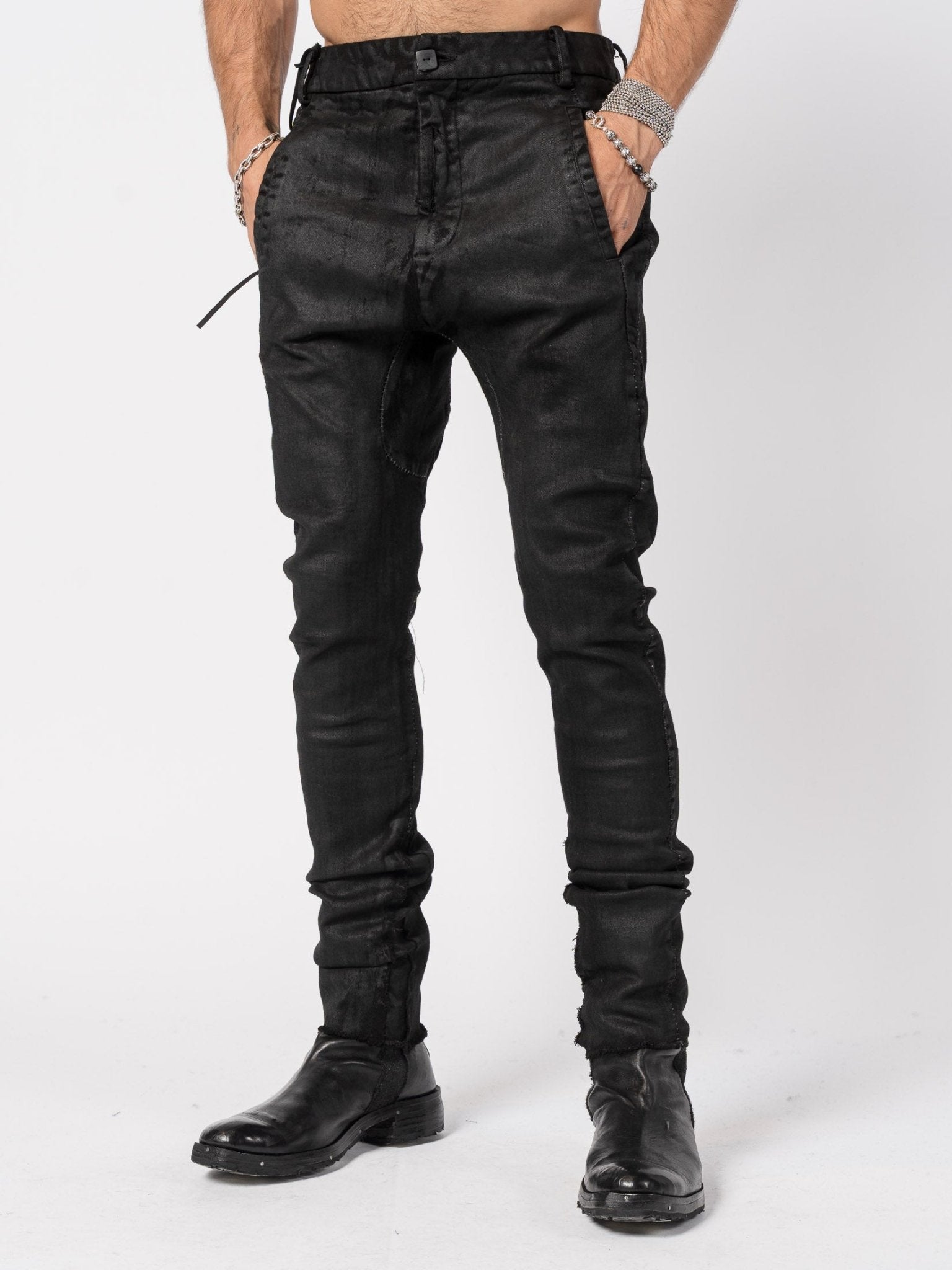 Stretch Cotton Pants with Leather Finish - by MD75