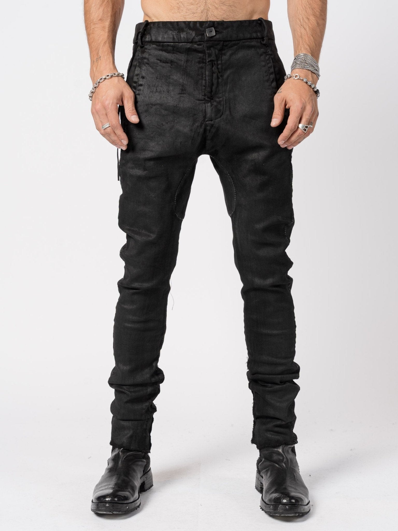 Stretch Cotton Pants with Leather Finish - by MD75