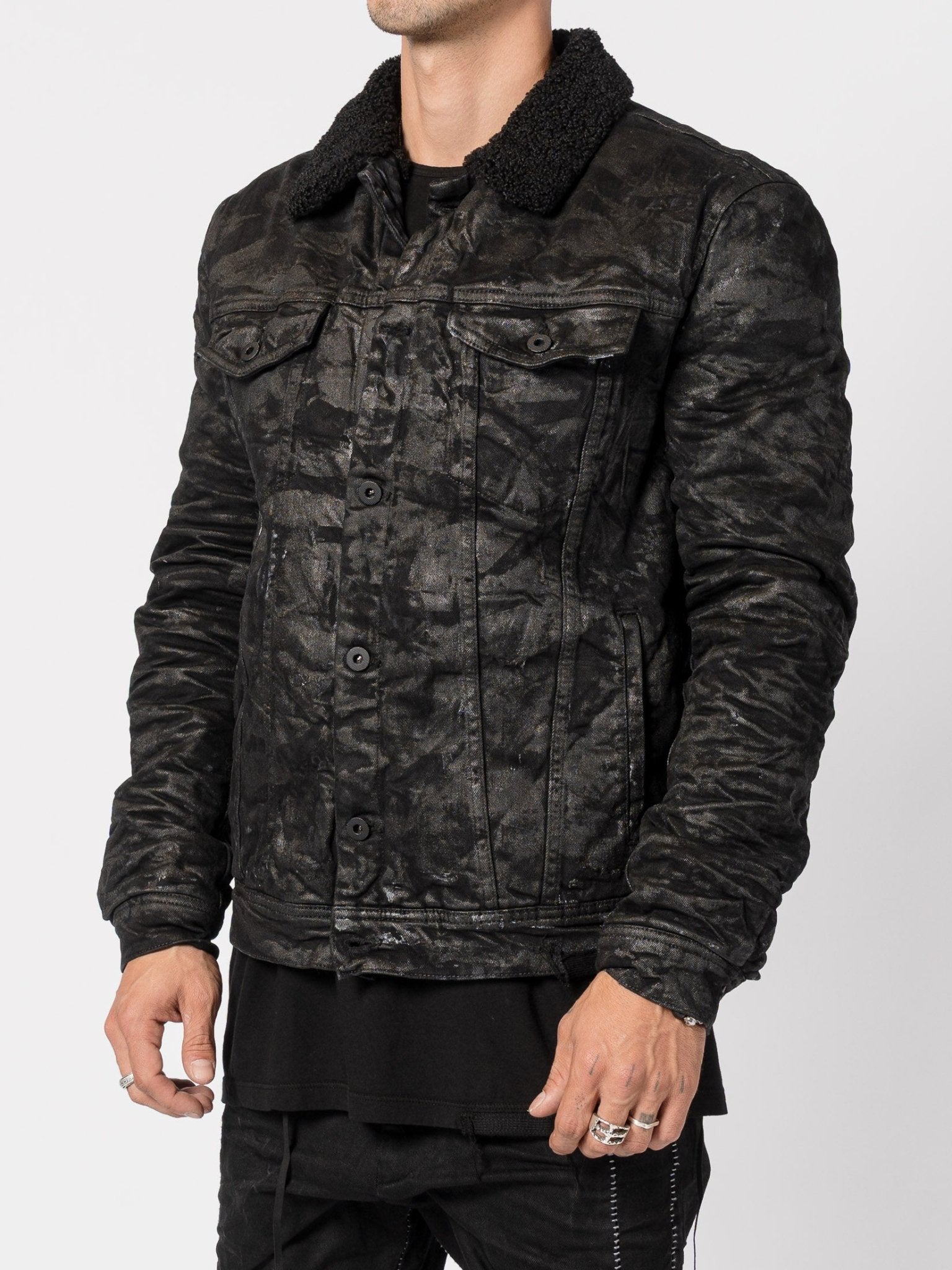 Textured Denim Jacket with Shearling Collar - by MD75