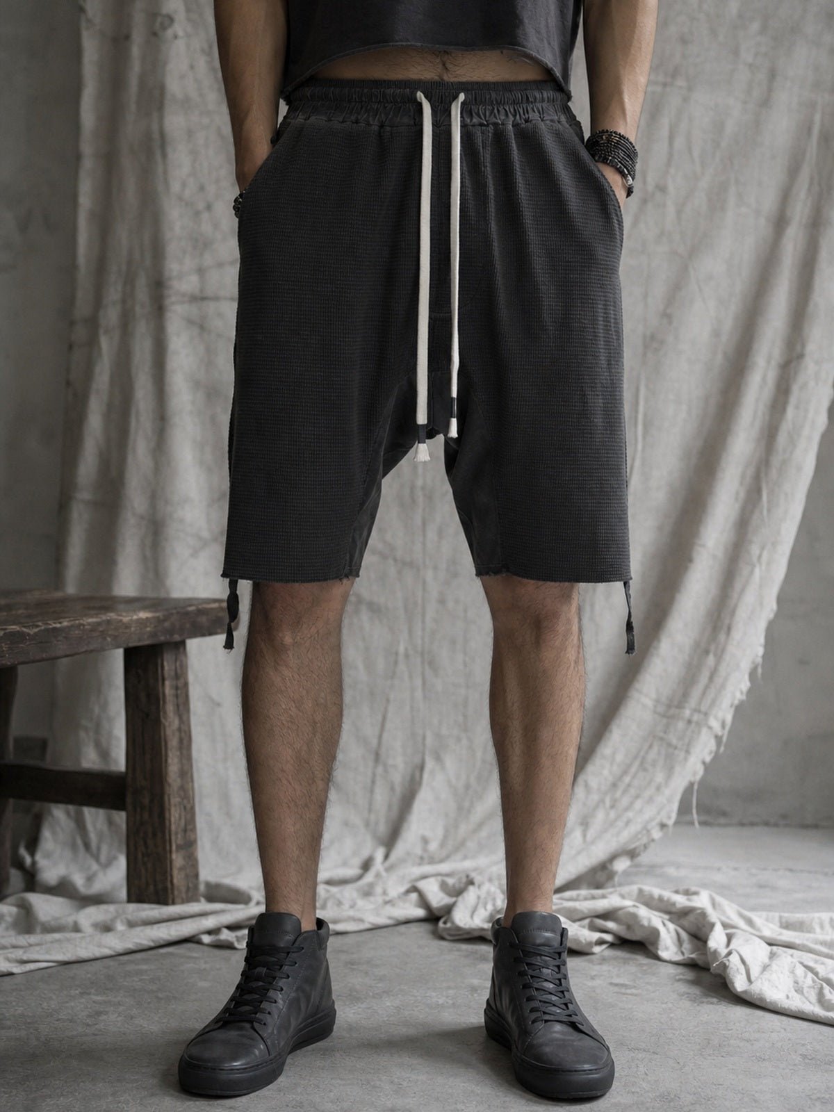 Textured Drop-Crotch Shorts - by AITO