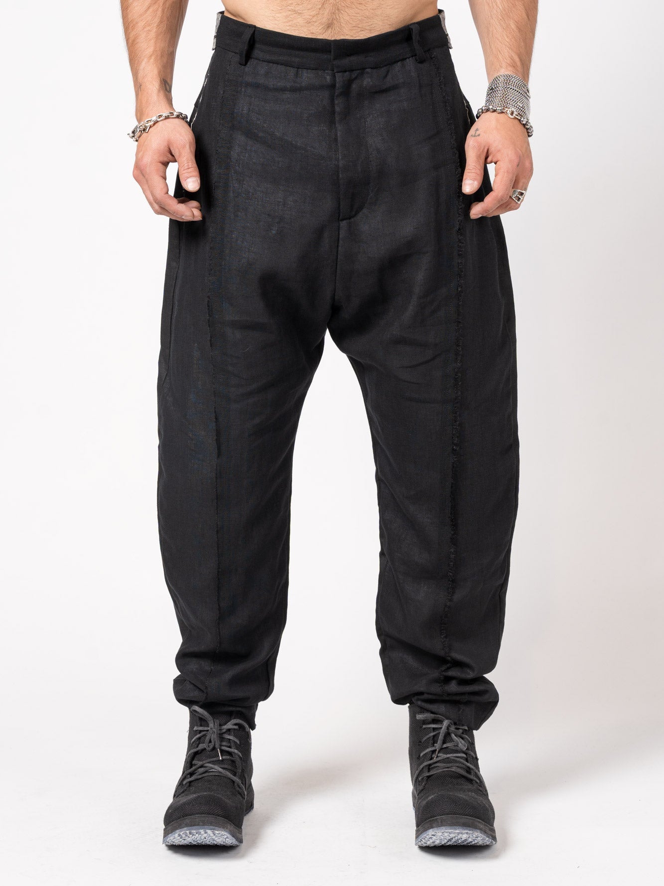 Textured Linen - Cotton Tapered Pants - by GIOVANNI CAVAGNA