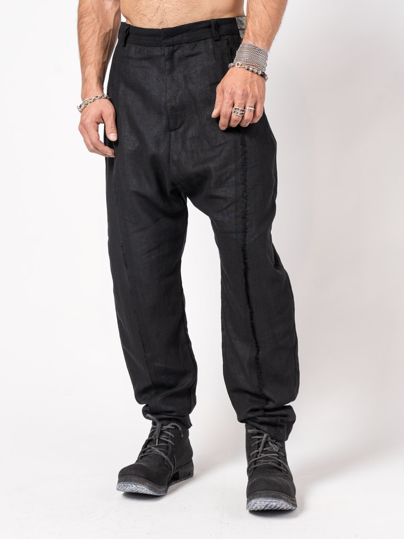 Textured Linen - Cotton Tapered Pants - by GIOVANNI CAVAGNA