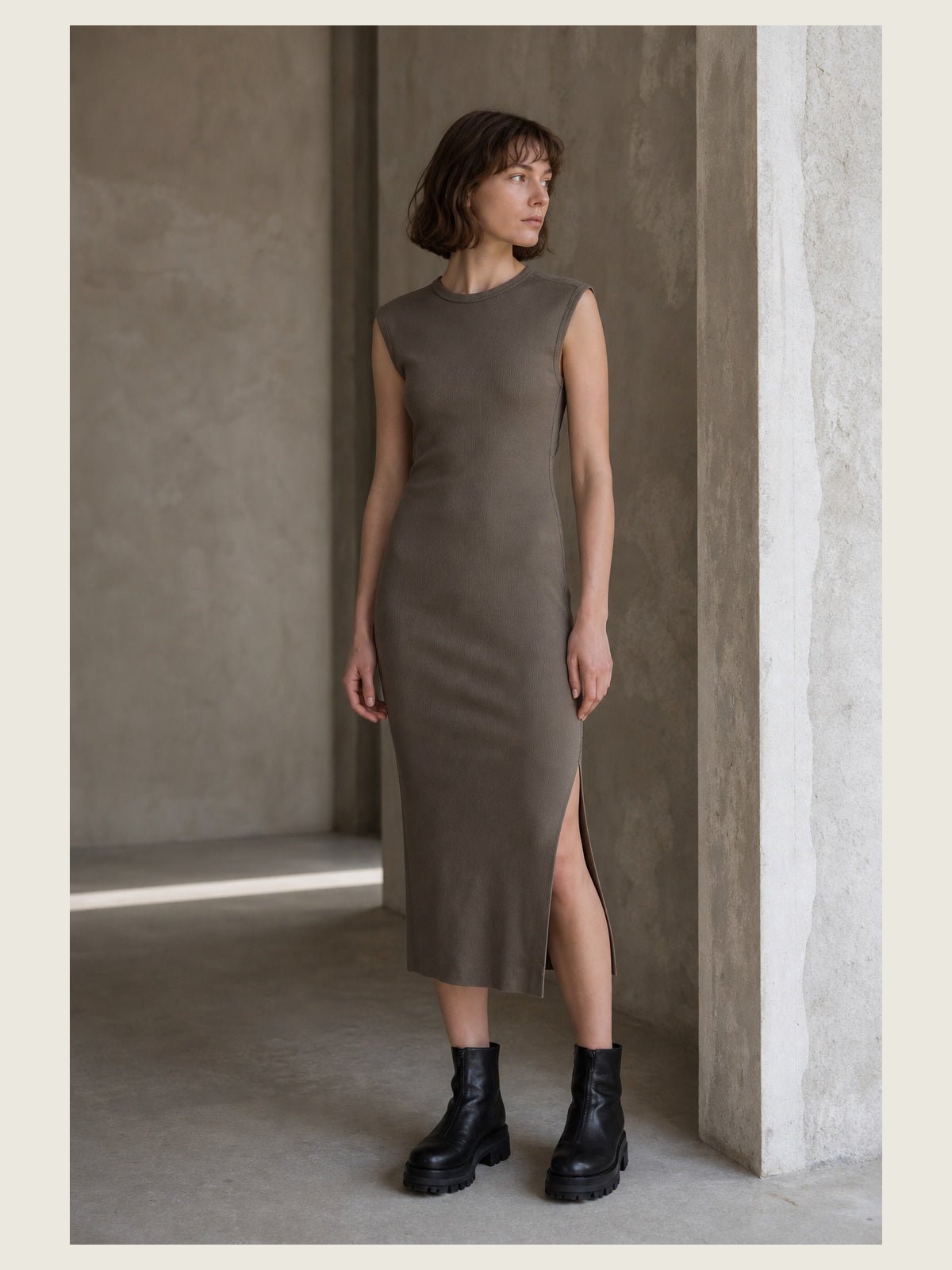Thom Krom Ribbed Cotton Midi Dress with Back Cut-Out Moka - by THOM KROM