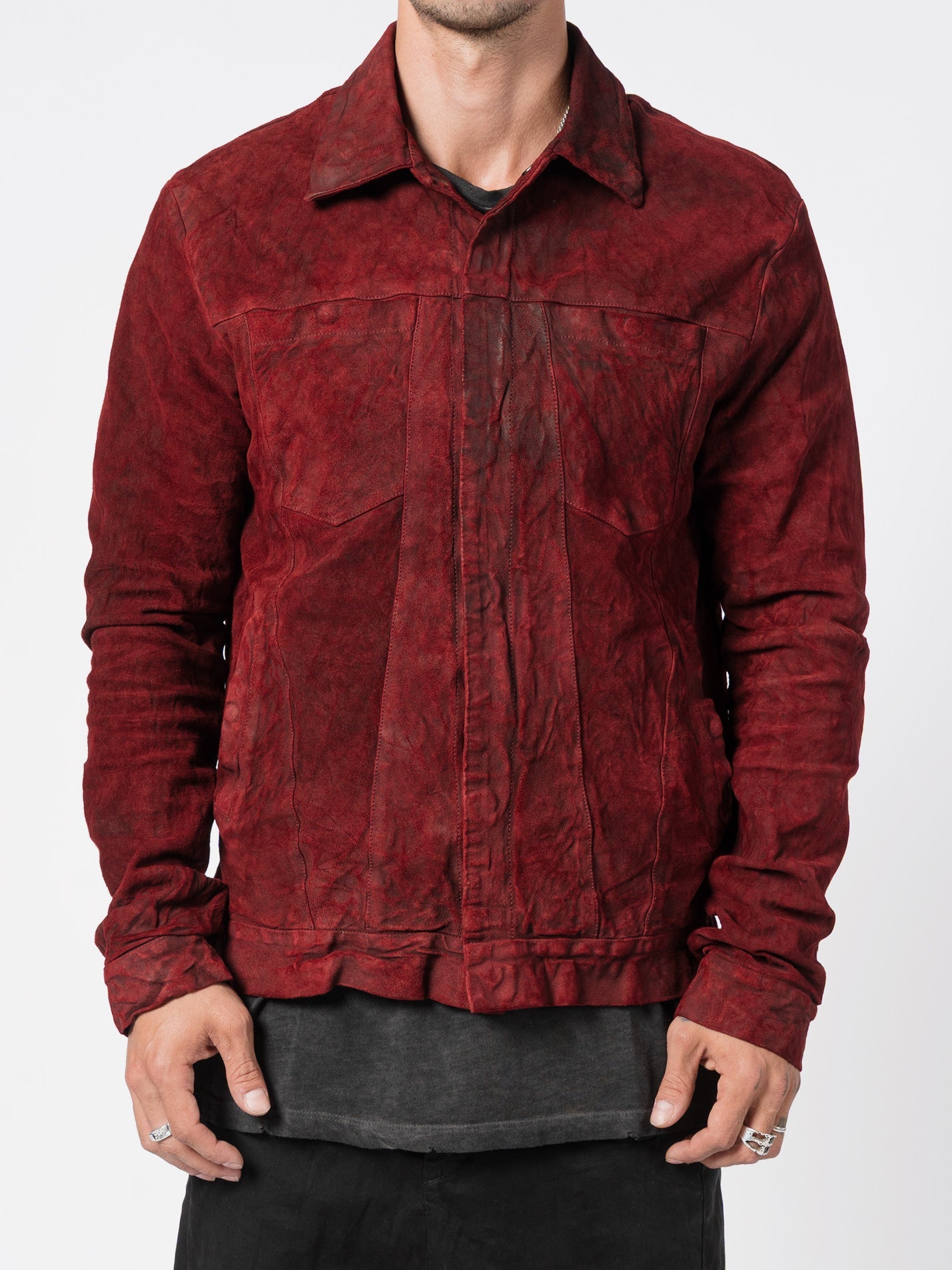 Giorgio Brato red leather jacket front detail - marbled tinto in capo dye variation across panel seams