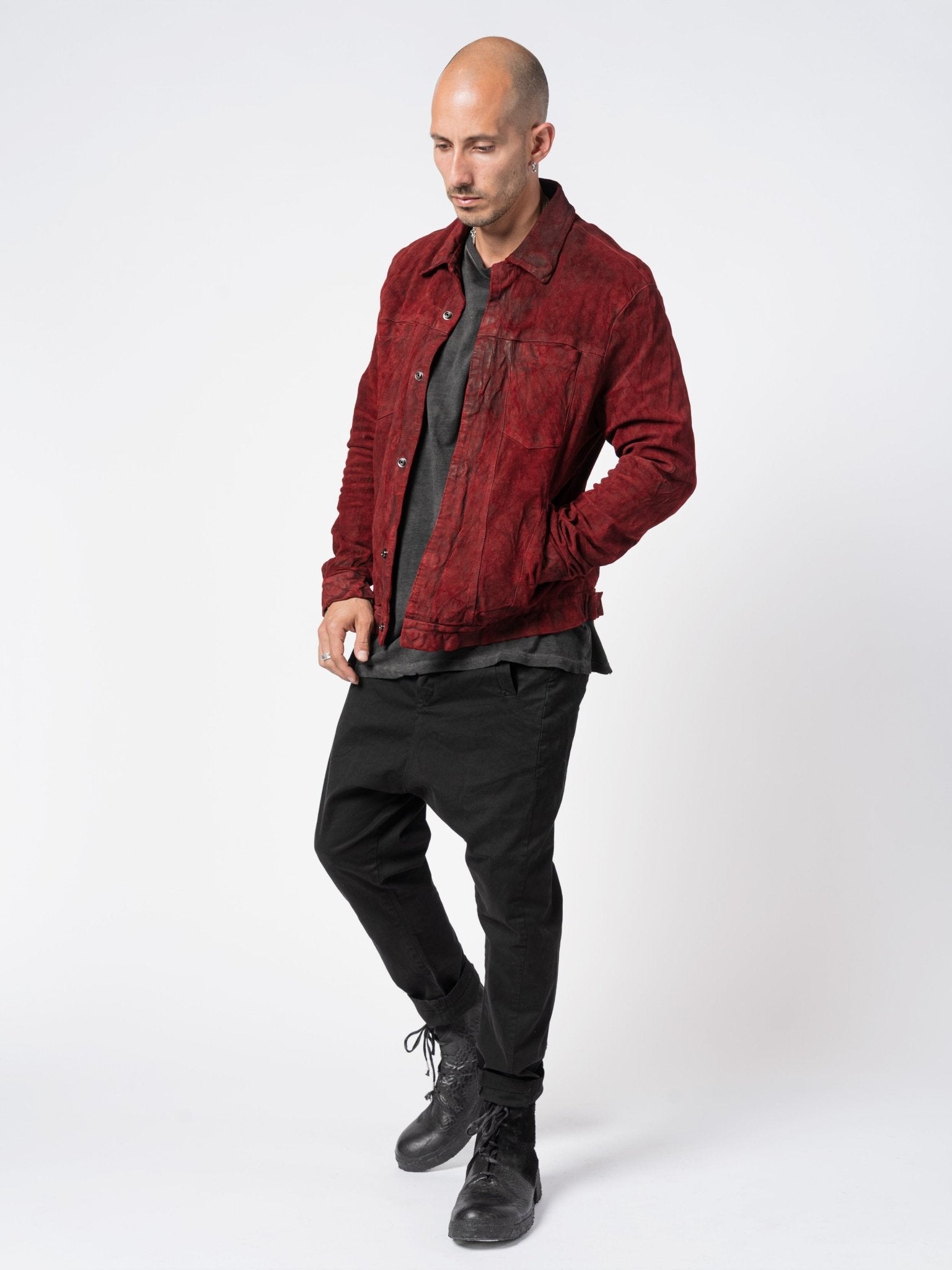 Giorgio Brato reverse vegetable-tanned lamb leather jacket in crimson red - full body on model, matte suede finish
