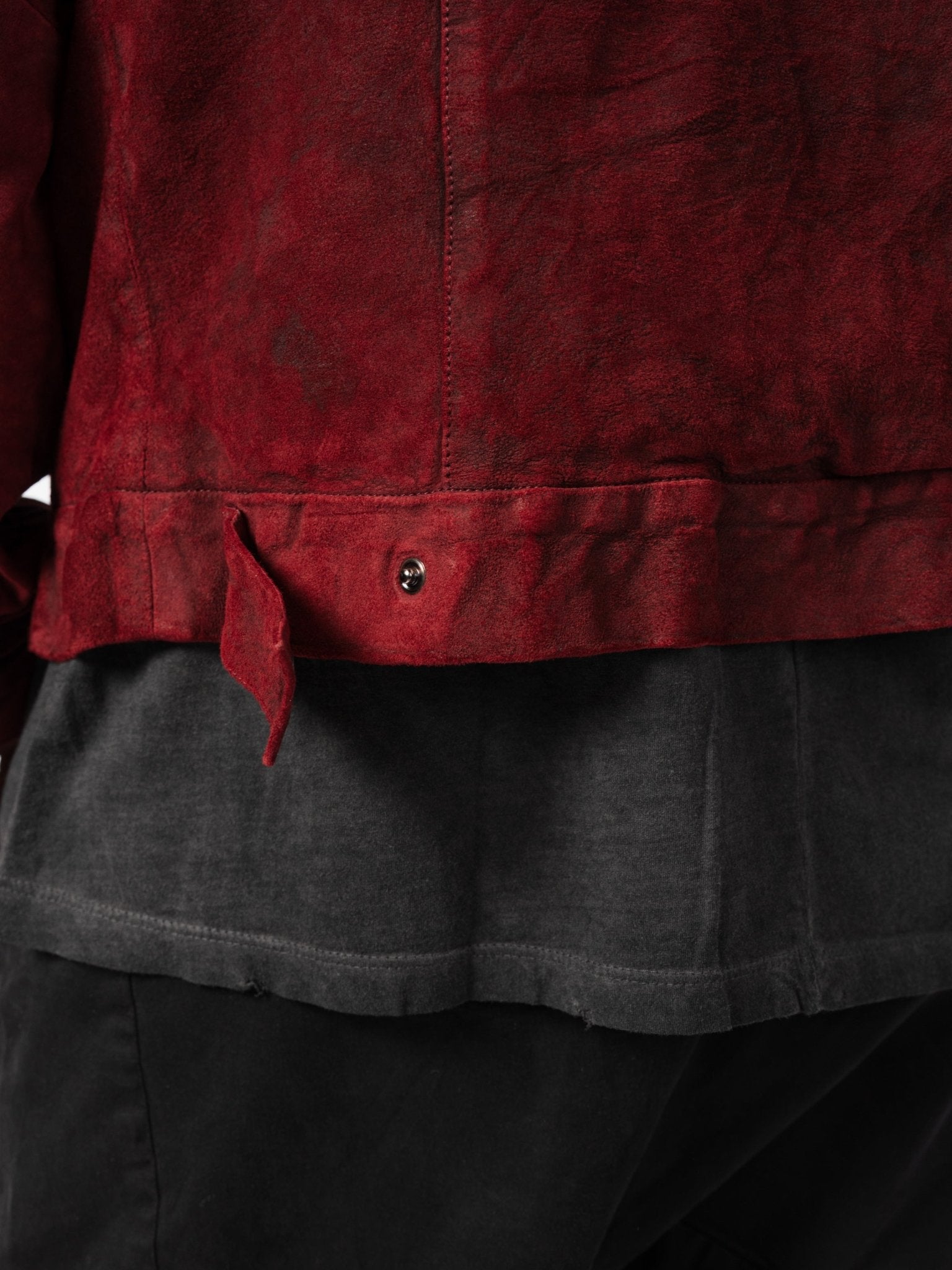 Giorgio Brato red vegetable-tanned leather jacket - on model with snap closure and concealed pockets