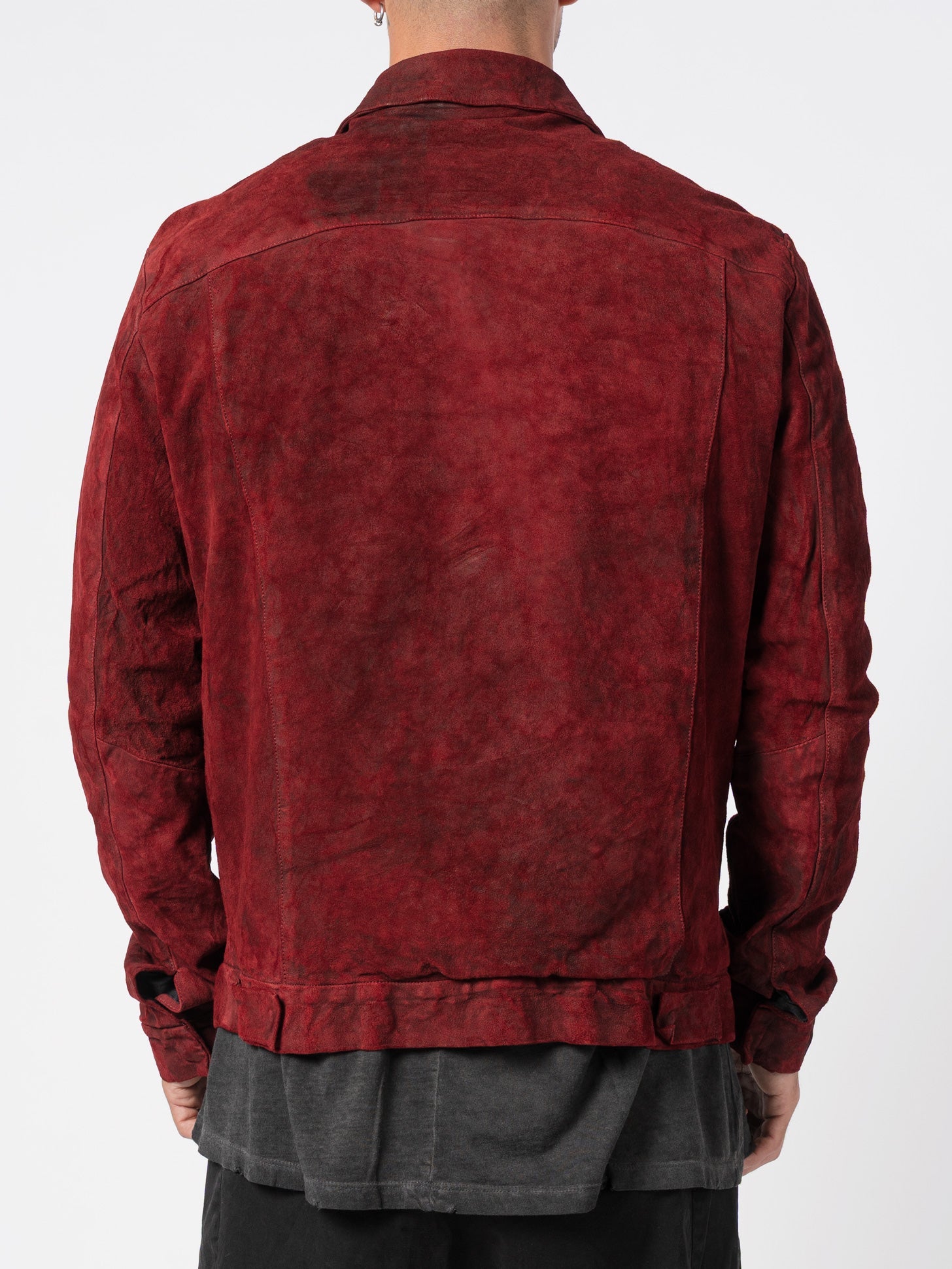 Giorgio Brato red lamb leather jacket detail - hand-washed surface texture, tinto in capo coloring