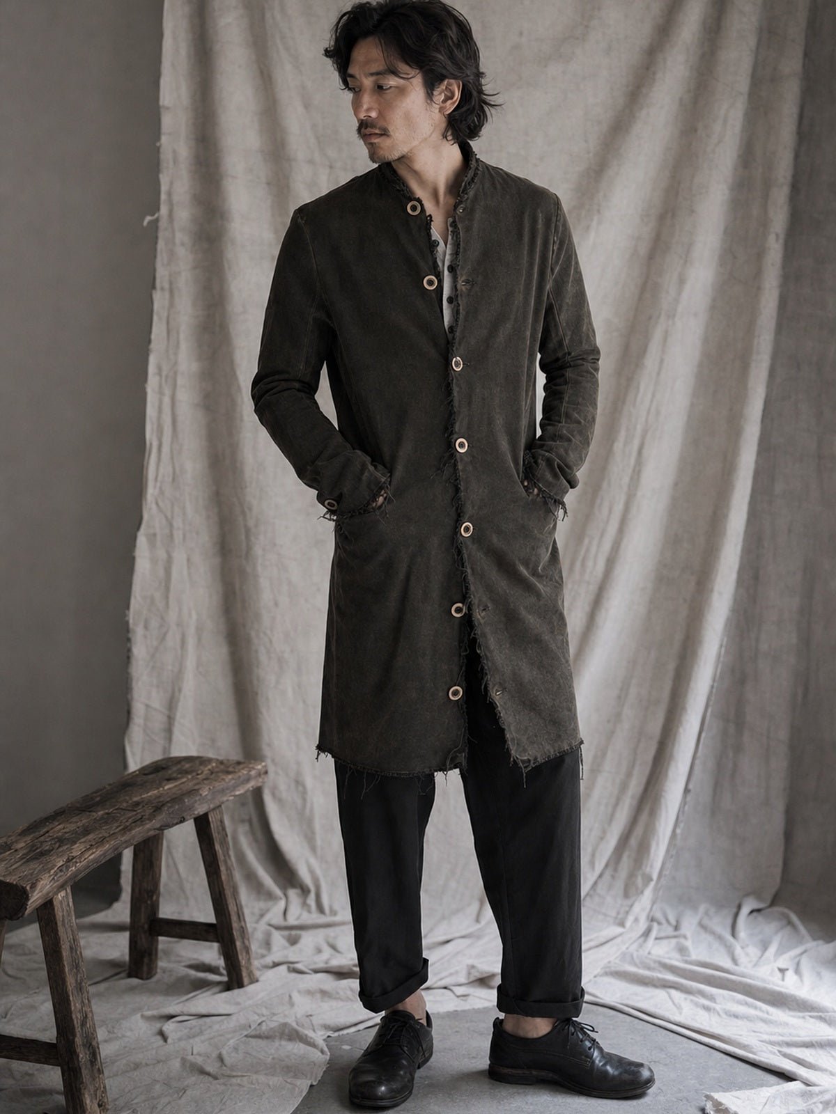 Washed Cotton Long Buttoned Coat - by AITO