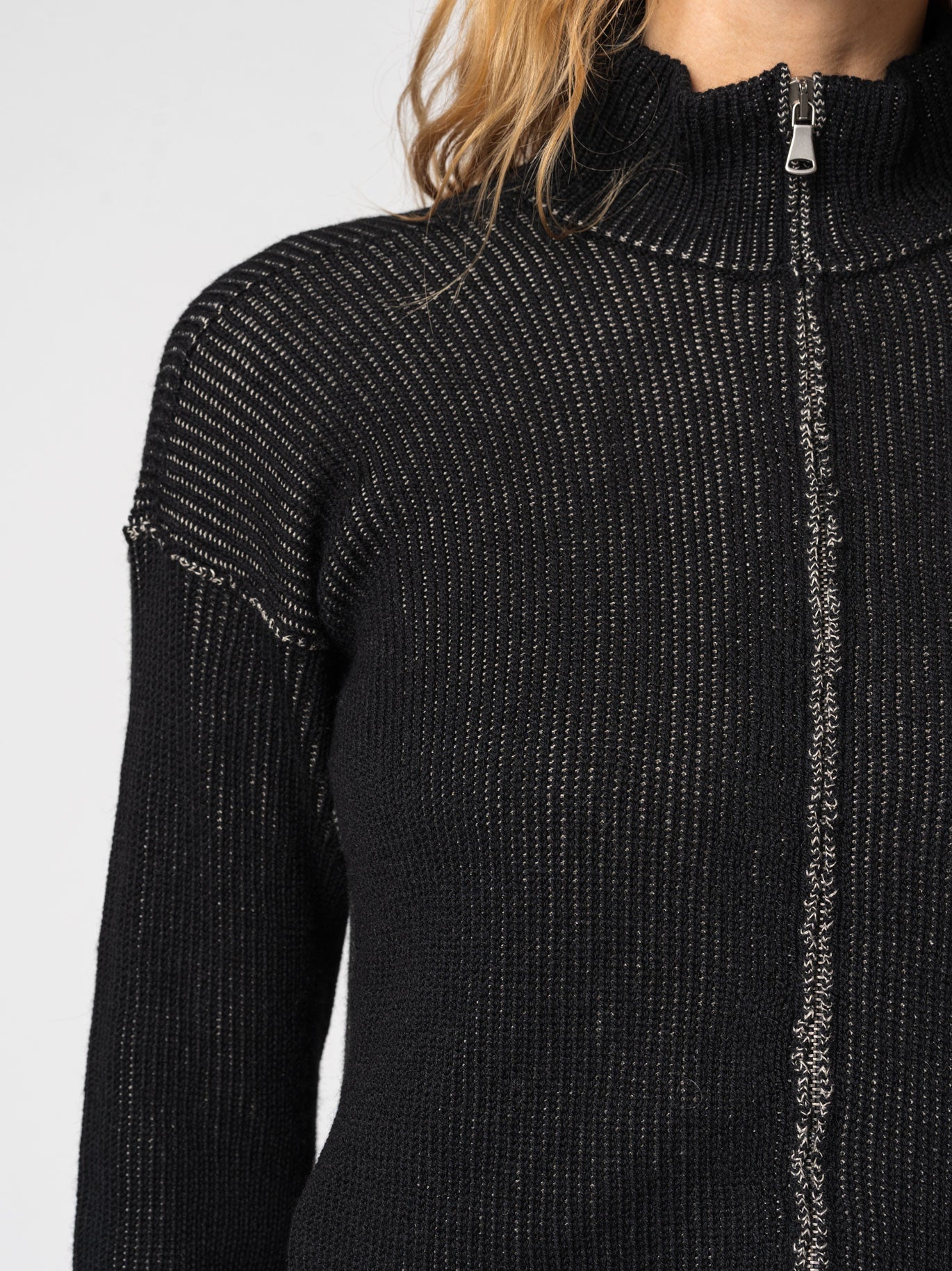 Zipped knitted jacket in two - tone ribbed - by TRANSIT