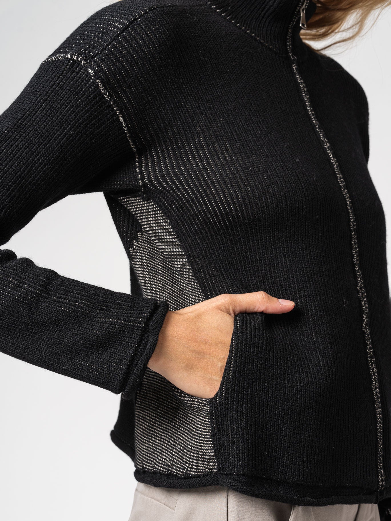 Zipped knitted jacket in two - tone ribbed - by TRANSIT
