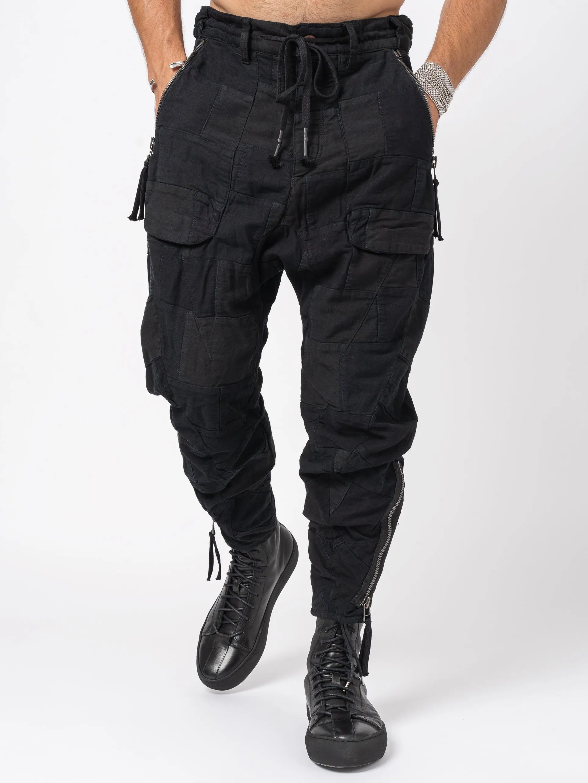 D.HYGEN Patchwork Zip Tapered Cropped Pants - Black