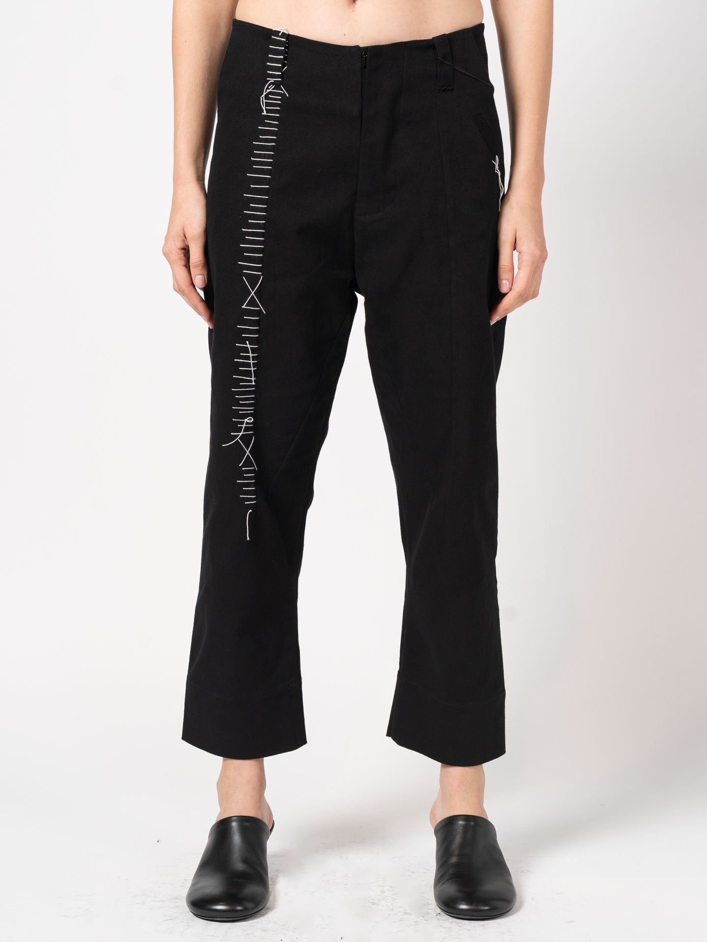 Wide Cotton Pants with Hand Stitching