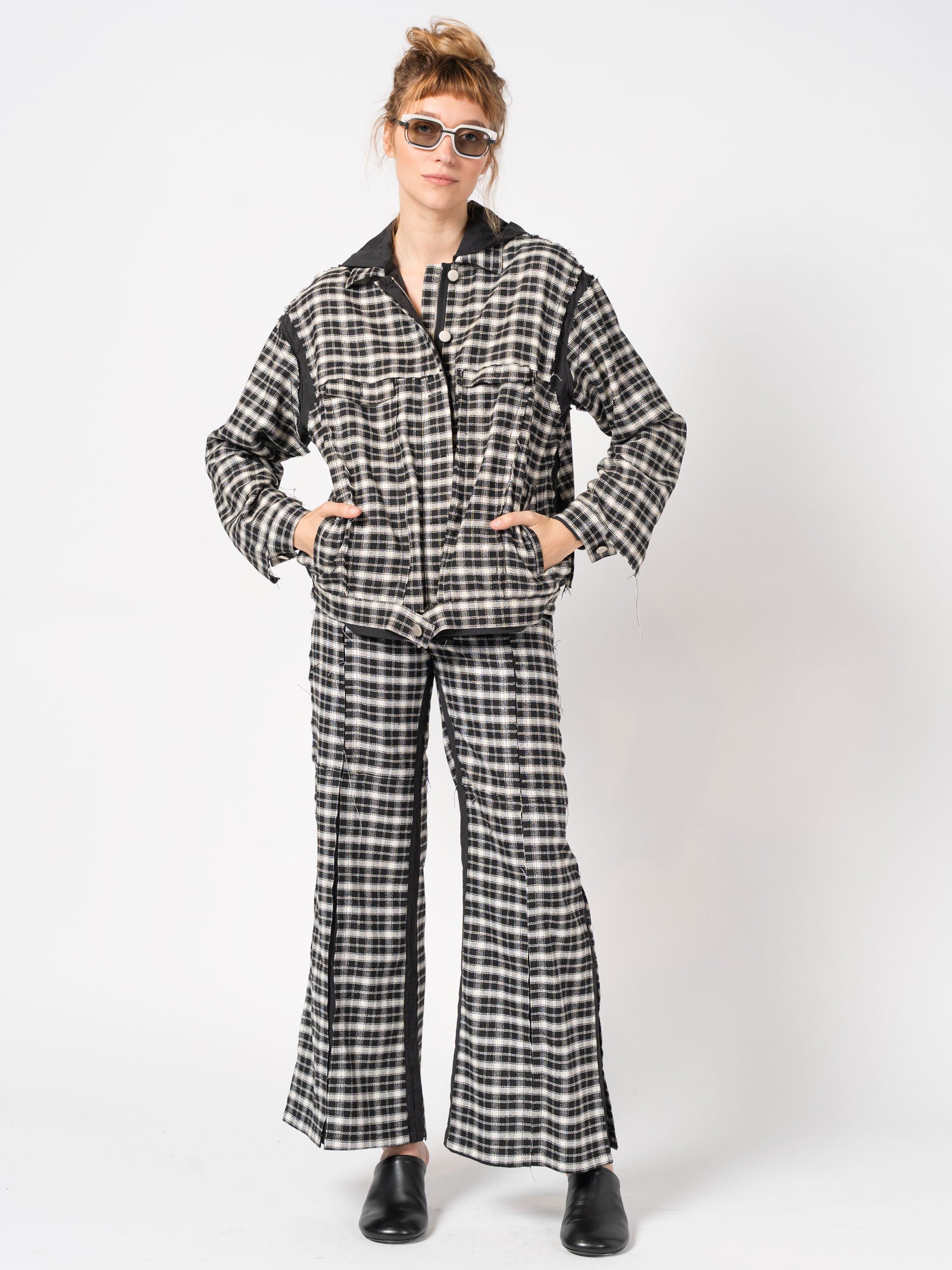 Checked Flared Trousers with Contrast Panels