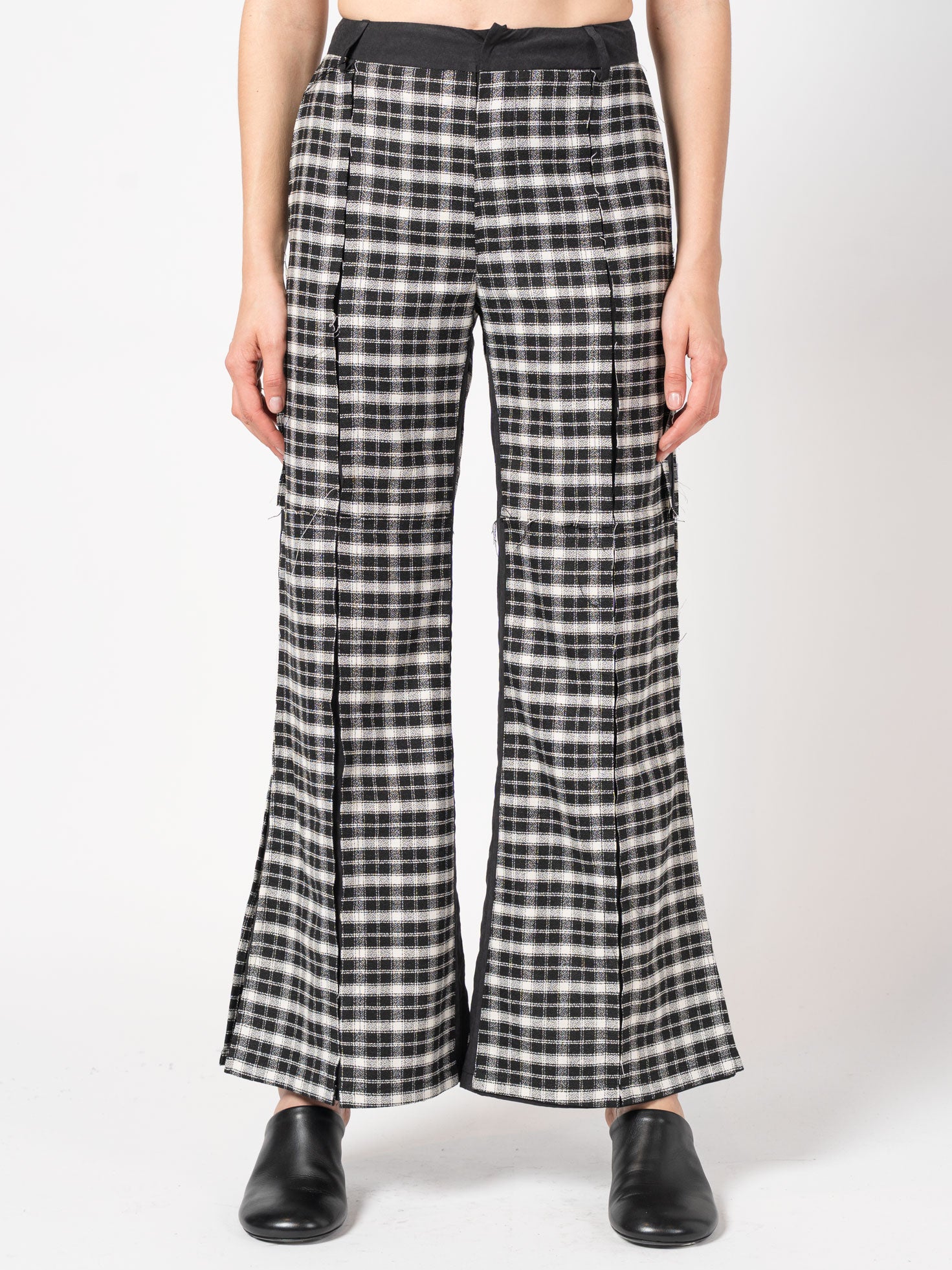 Checked Flared Trousers with Contrast Panels