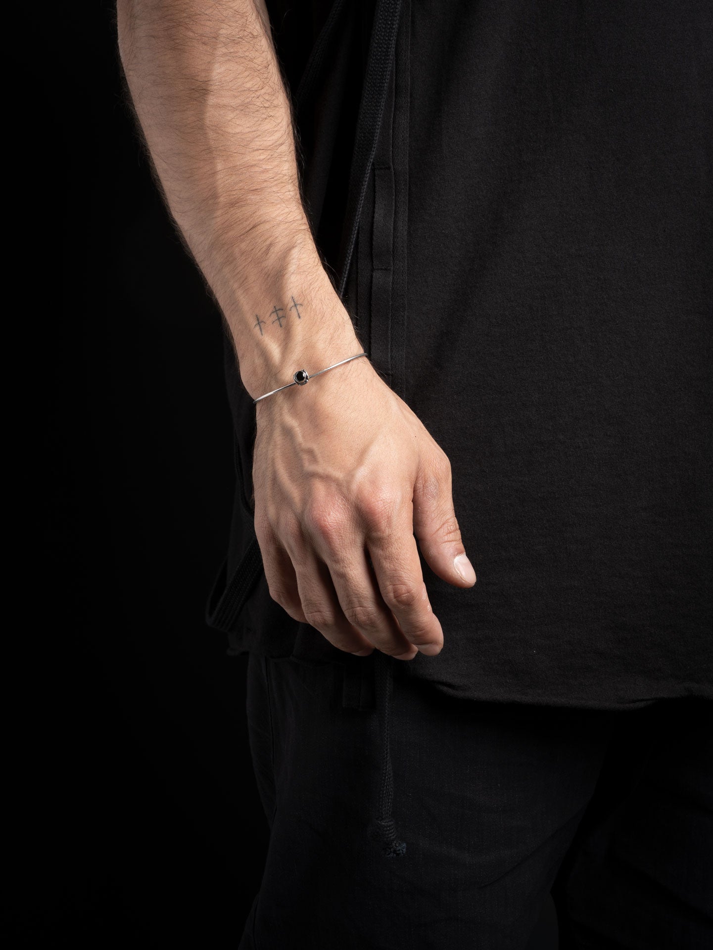 Silver Cuff Bracelet with Black Zircon