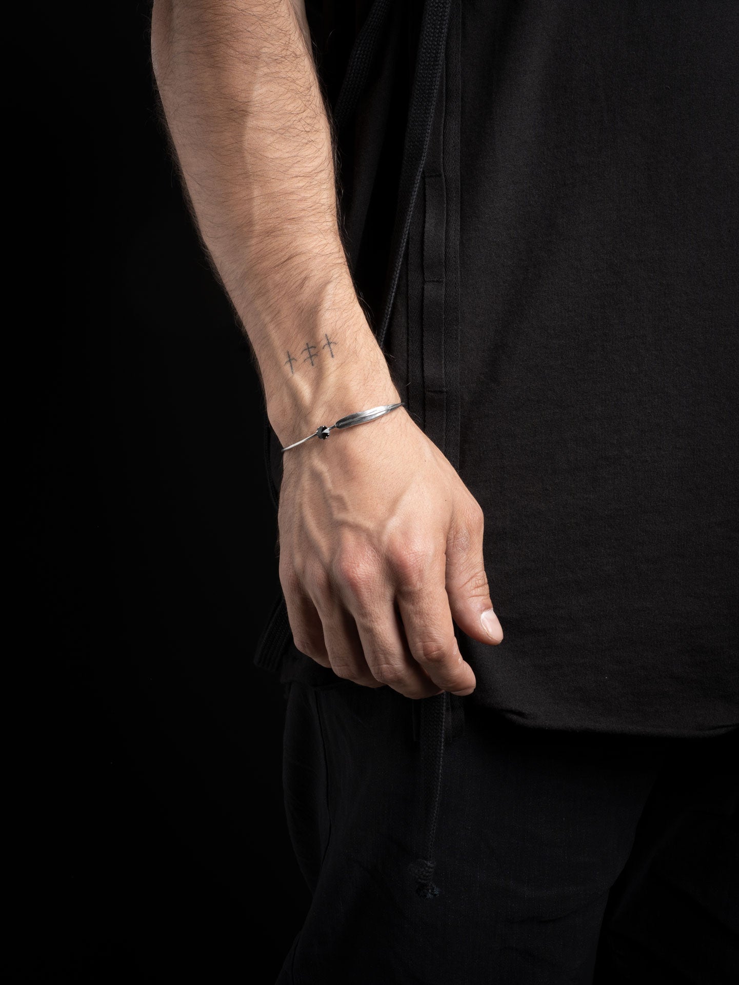 Silver Cuff Bracelet with Black Zircon
