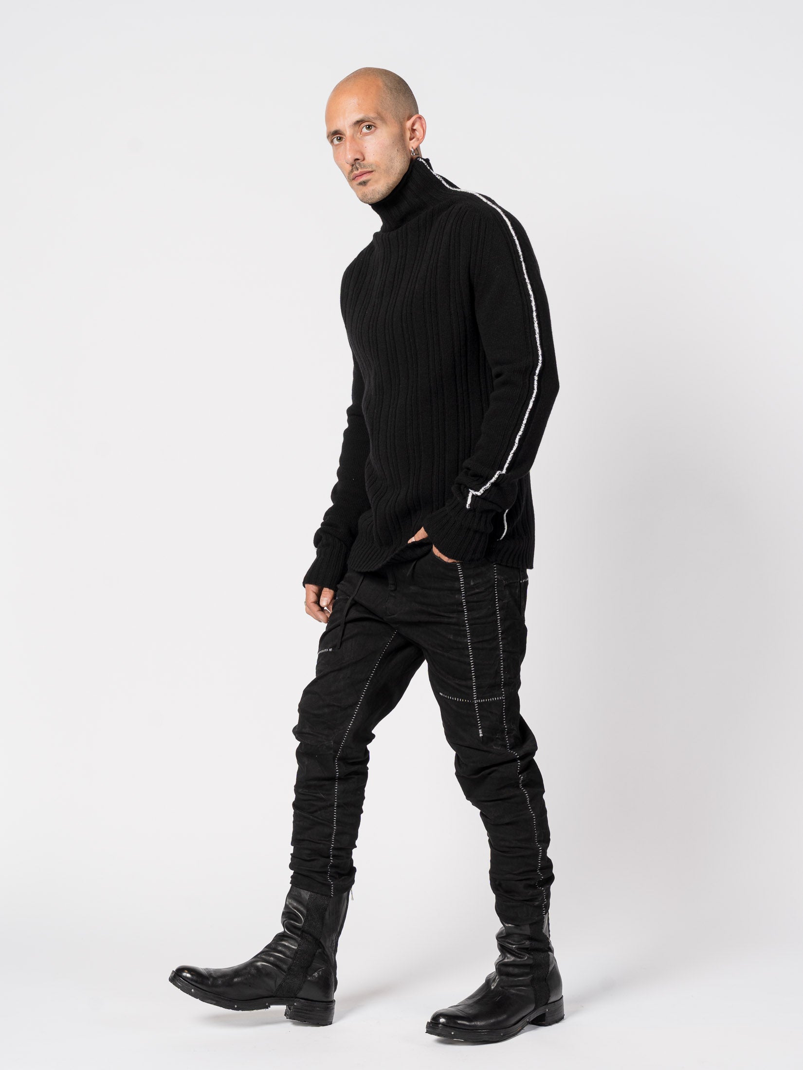 Heavy Ribbed Wool Knit with Contrast Side Detailing